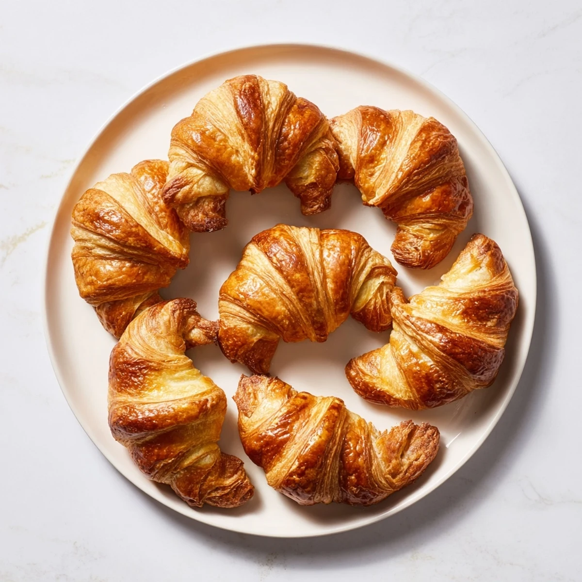 Stack of warm flaky air fryer croissants brushed with egg wash and ready for breakfast