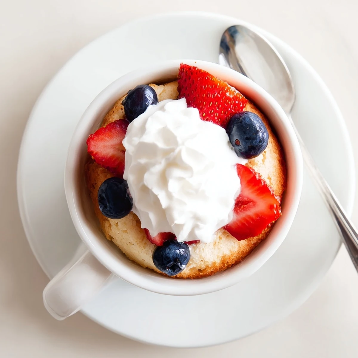 Golden angel food cake rises in a mug topped with fluffy whipped cream and fresh strawberries