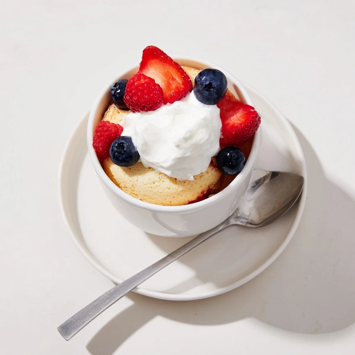White fluffy single serve air fryer angel food cake mug cake with berries and cream