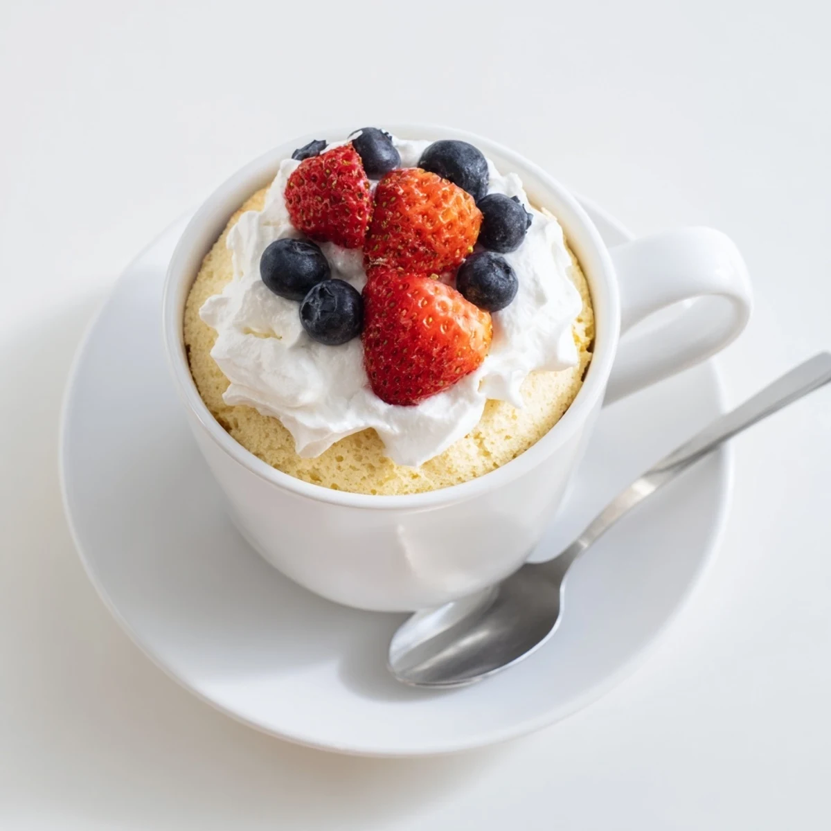 Light sponge cake bakes in a small mug garnished with red berries and white topping