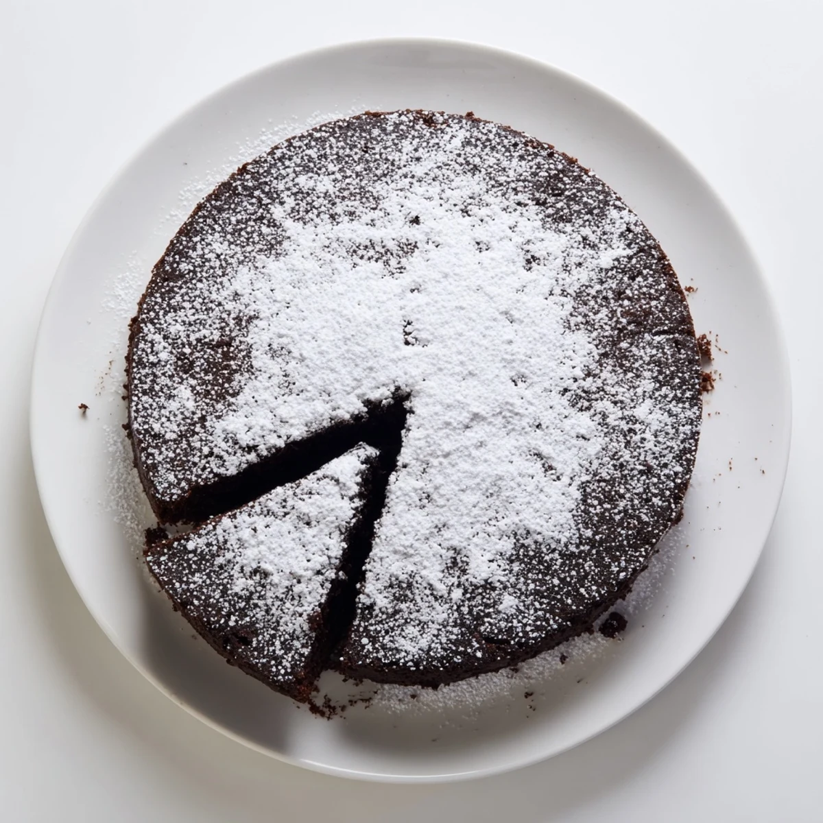 Rich dark Guinness chocolate cake dusted with powdered sugar on a white serving plate