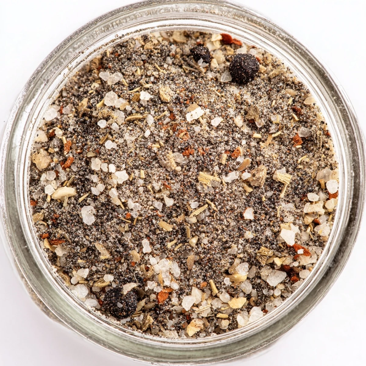 Homemade copycat Montreal steak seasoning blend of coarse black pepper and aromatic spices in a rustic glass jar