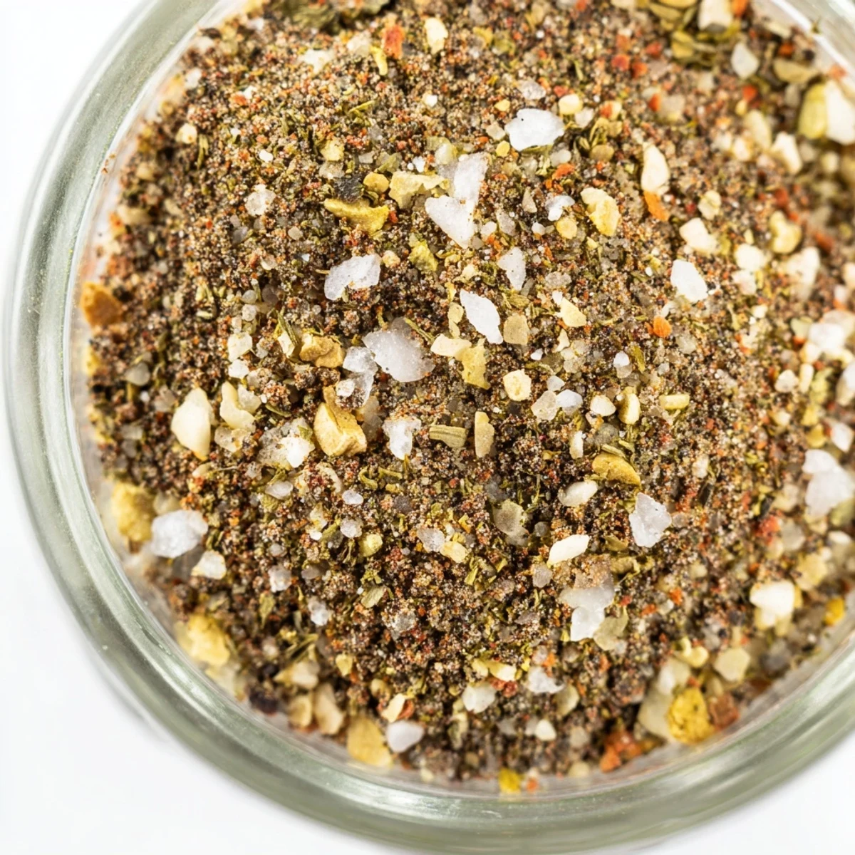 Dark speckled copycat Montreal steak seasoning sprinkled generously over a seared juicy ribeye steak on a wooden cutting board