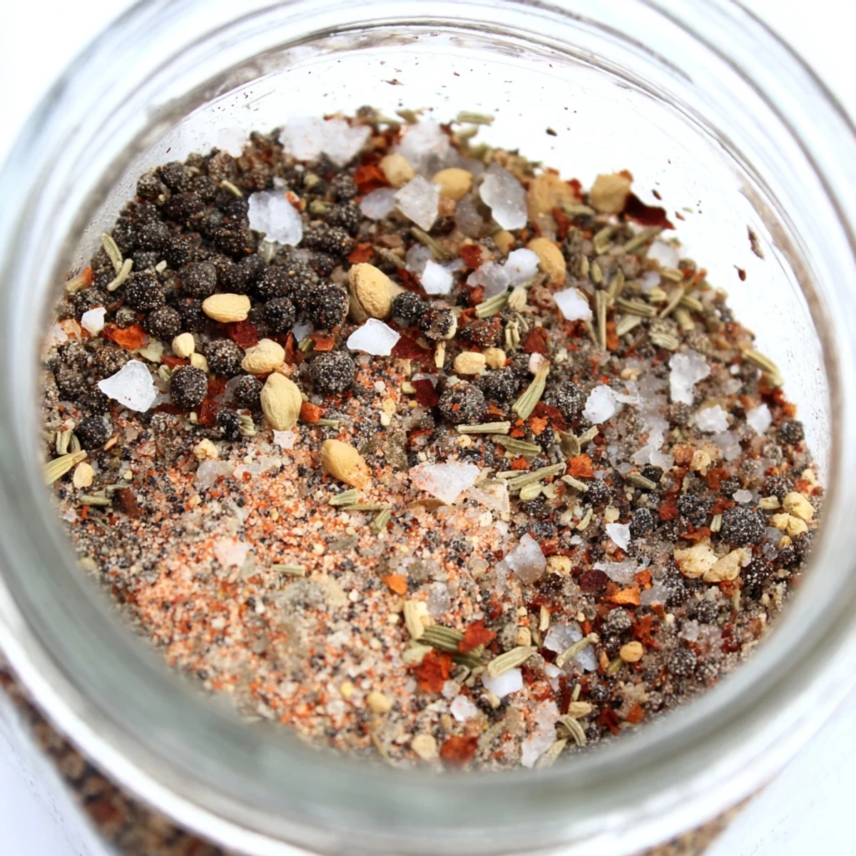 Small bowl filled with coarse copycat Montreal steak seasoning mix surrounded by whole peppercorns garlic and fragrant dried herbs