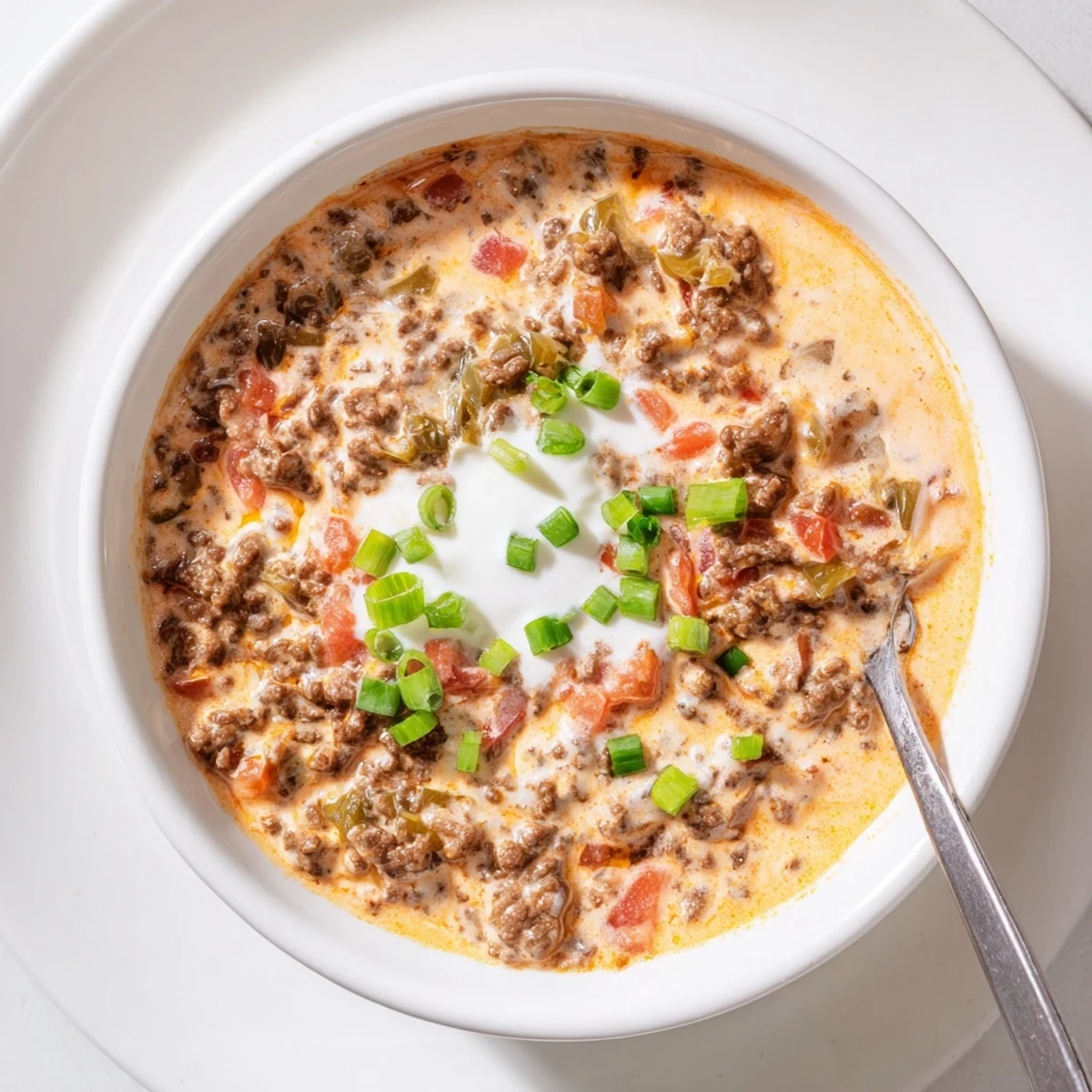 Creamy Rotel dip with ground beef bubbling in a serving bowl alongside tortilla chips