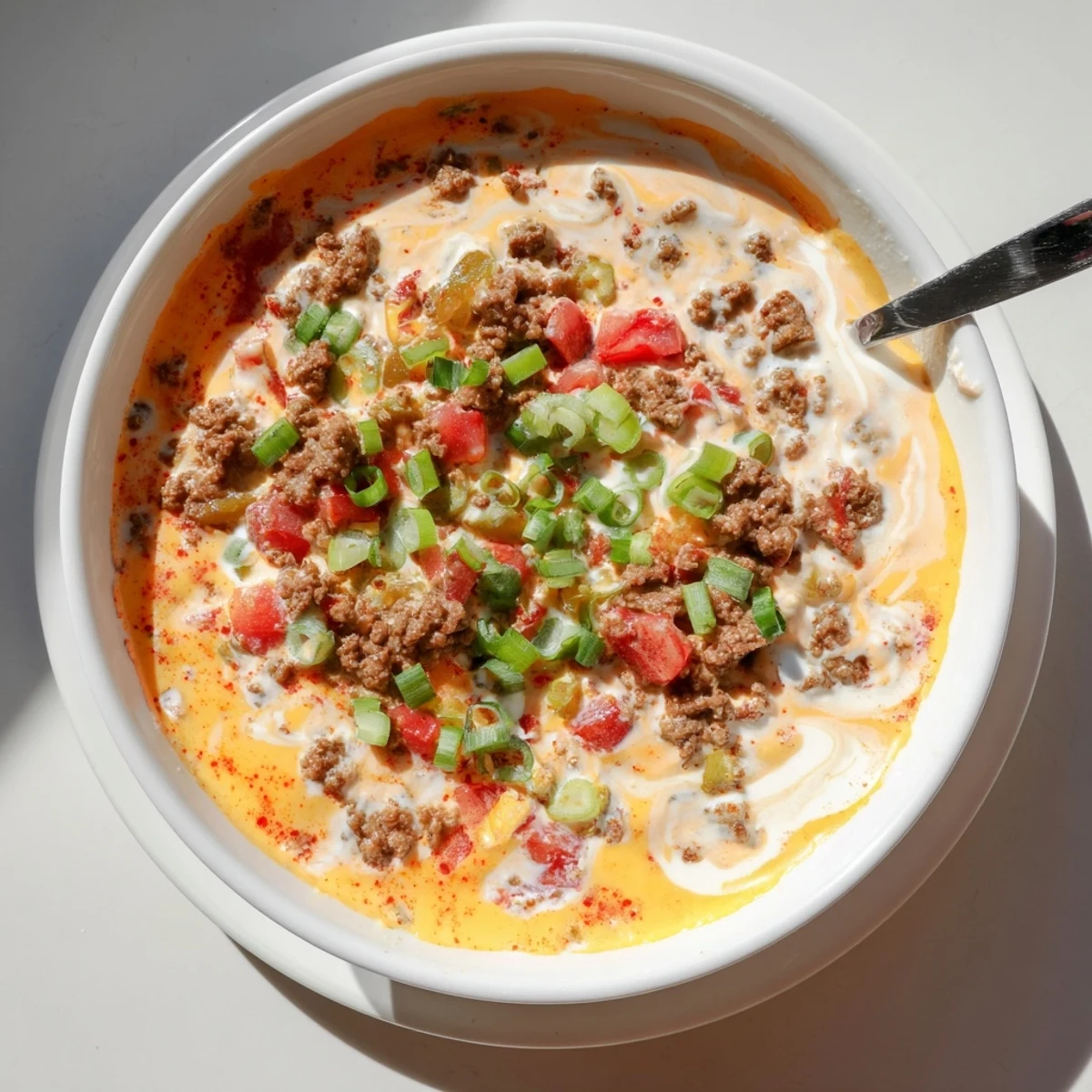 Golden ground beef and melted cheese dip topped with green onions for game day
