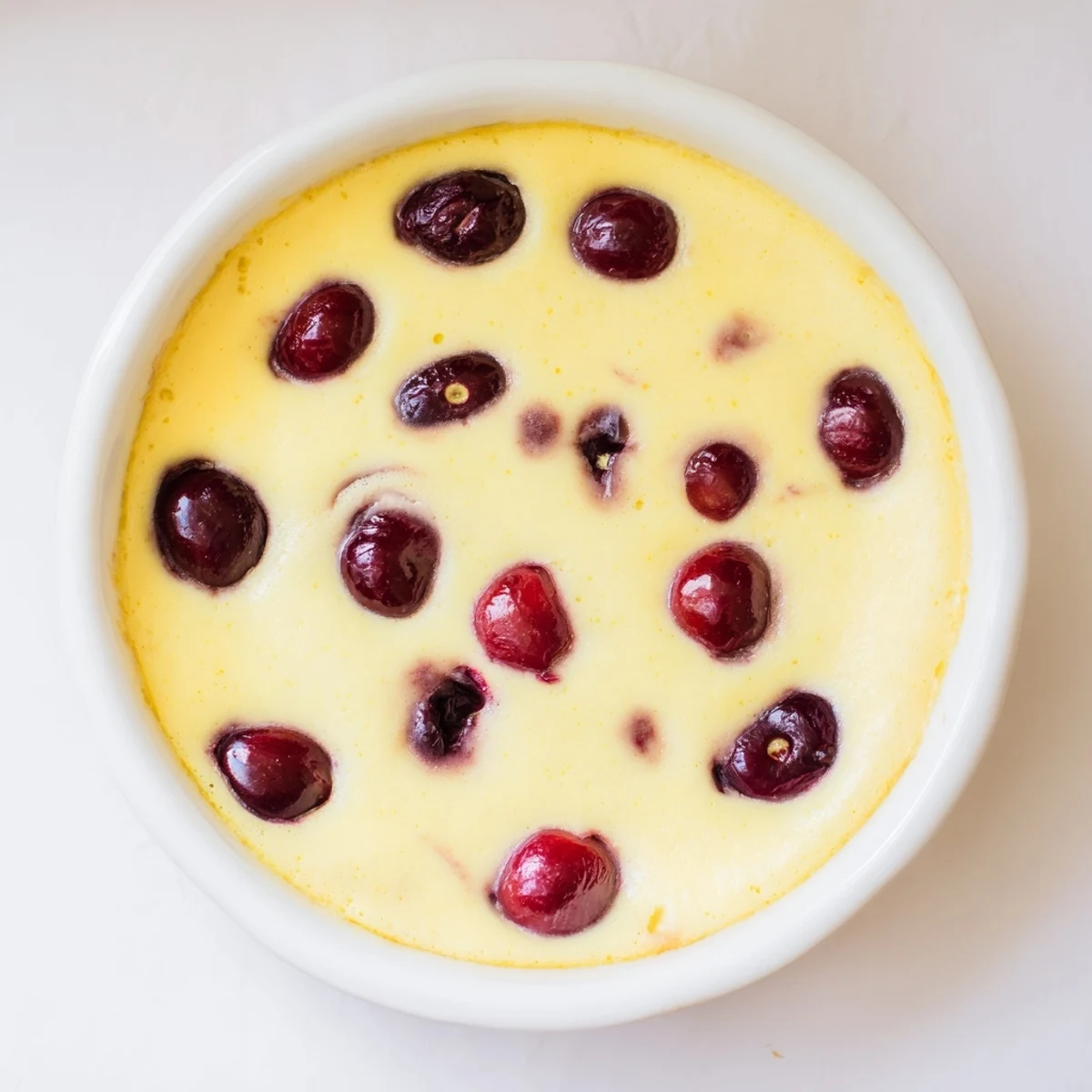 Golden cherry custard dessert with juicy fruit baked in creamy vanilla custard