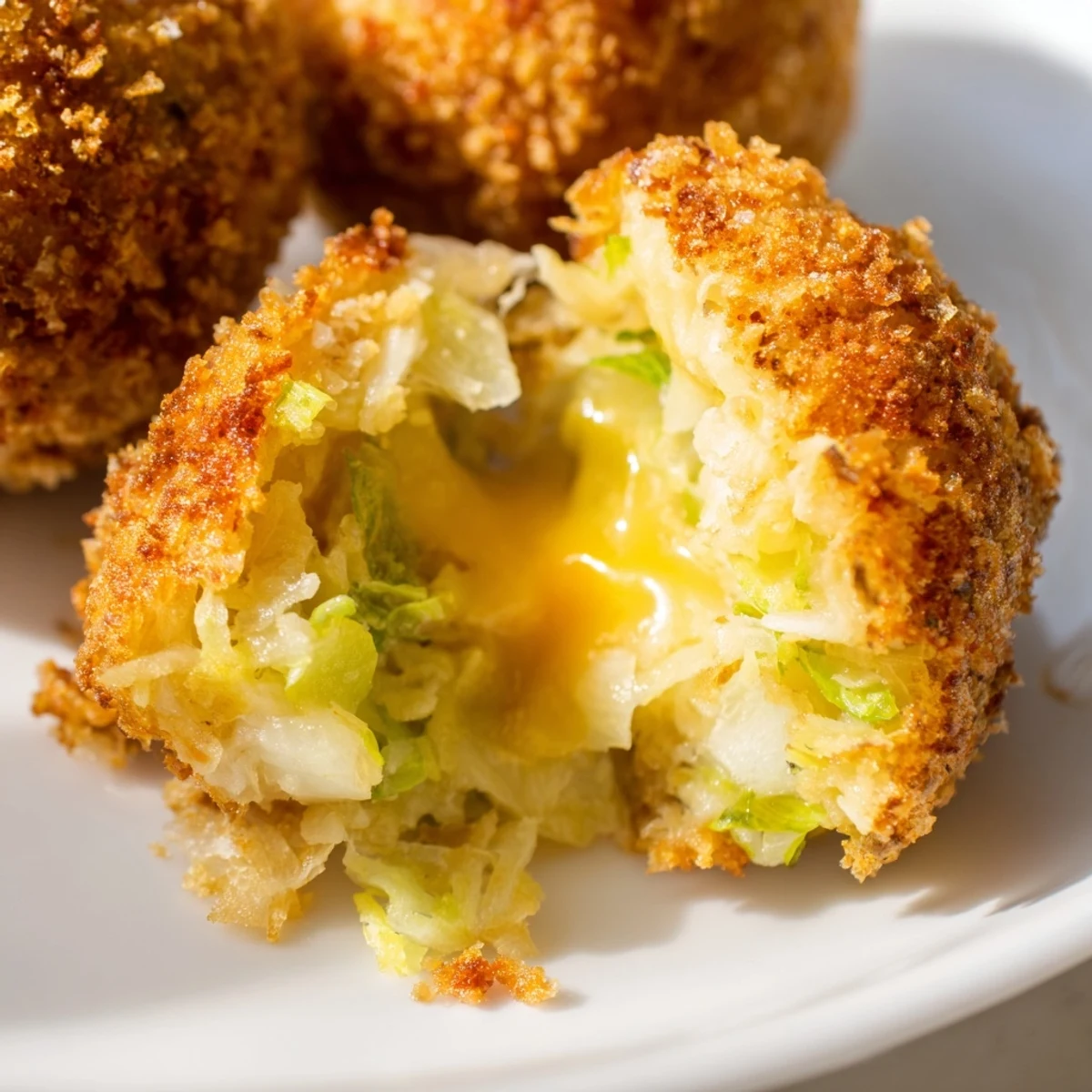 Golden brown crispy Cheesy Fried Colcannon Balls with melted cheddar cheese center served on white plate