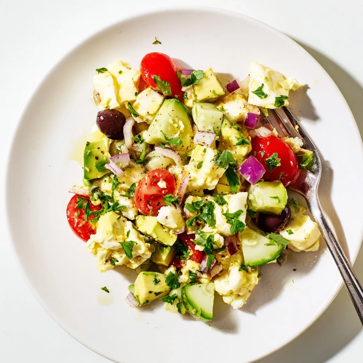 Creamy Mediterranean avocado egg salad with colorful cherry tomatoes, olives, and fresh herbs in a bowl