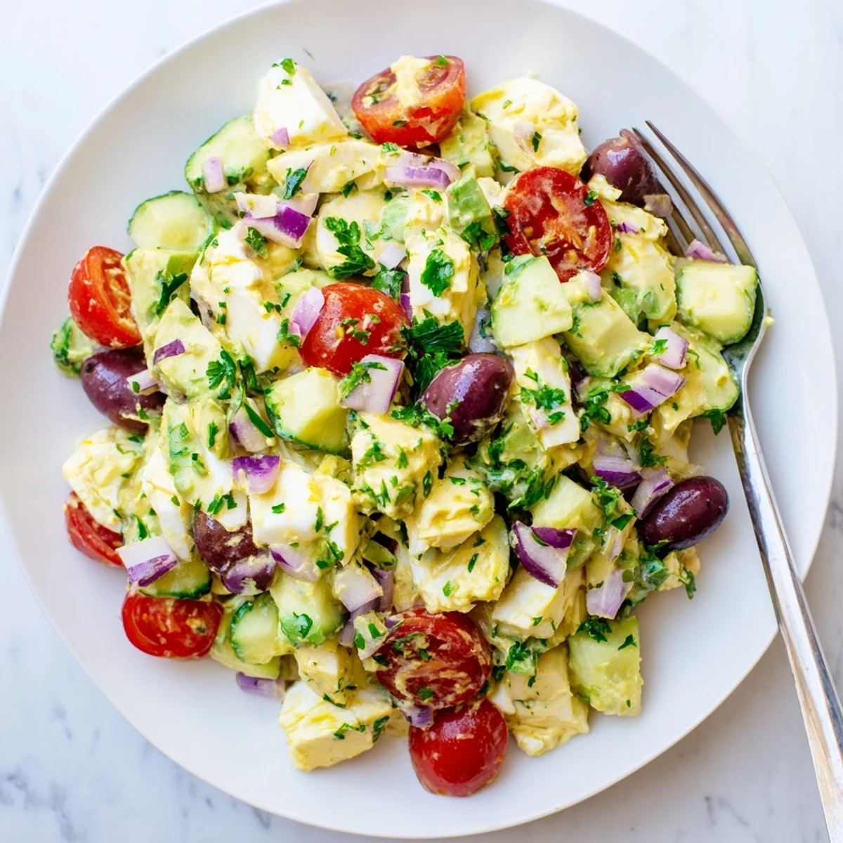 Close-up of Mediterranean avocado egg salad with chunky avocado, Kalamata olives, and fresh parsley garnish