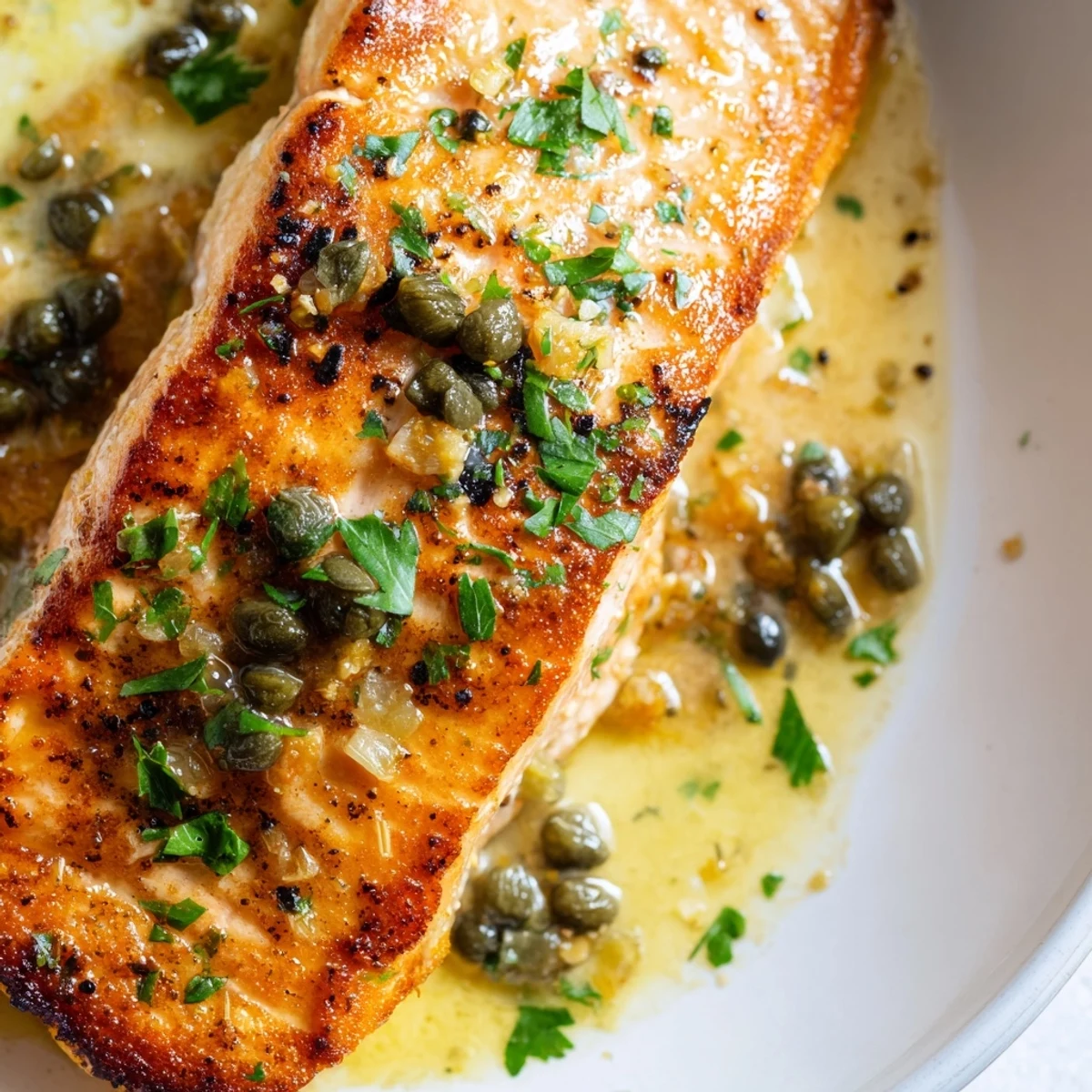 Golden crispy-skinned Gordon Ramsay pan fried salmon with herb butter sauce and capers