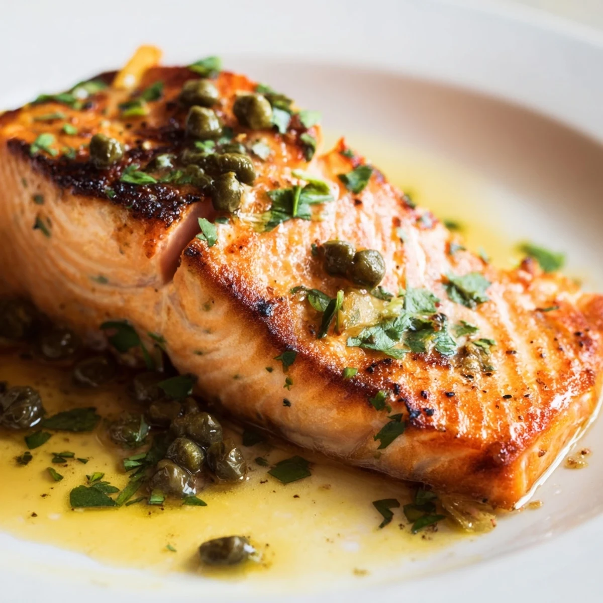 Restaurant-style Gordon Ramsay pan fried salmon fillets with garlic butter and fresh parsley garnish