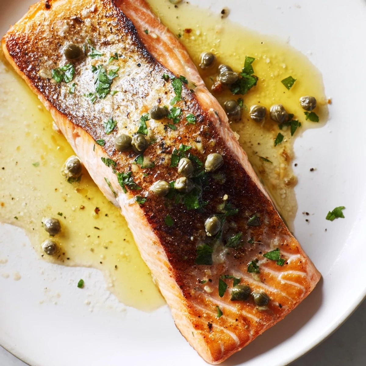 Perfectly cooked Gordon Ramsay pan fried salmon served with tender asparagus and lemon wedges