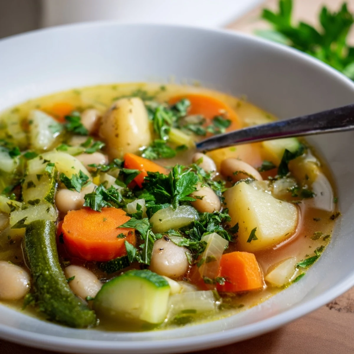 Traditional Stone Soup recipe steaming in rustic bowl with fresh parsley garnish and crusty bread
