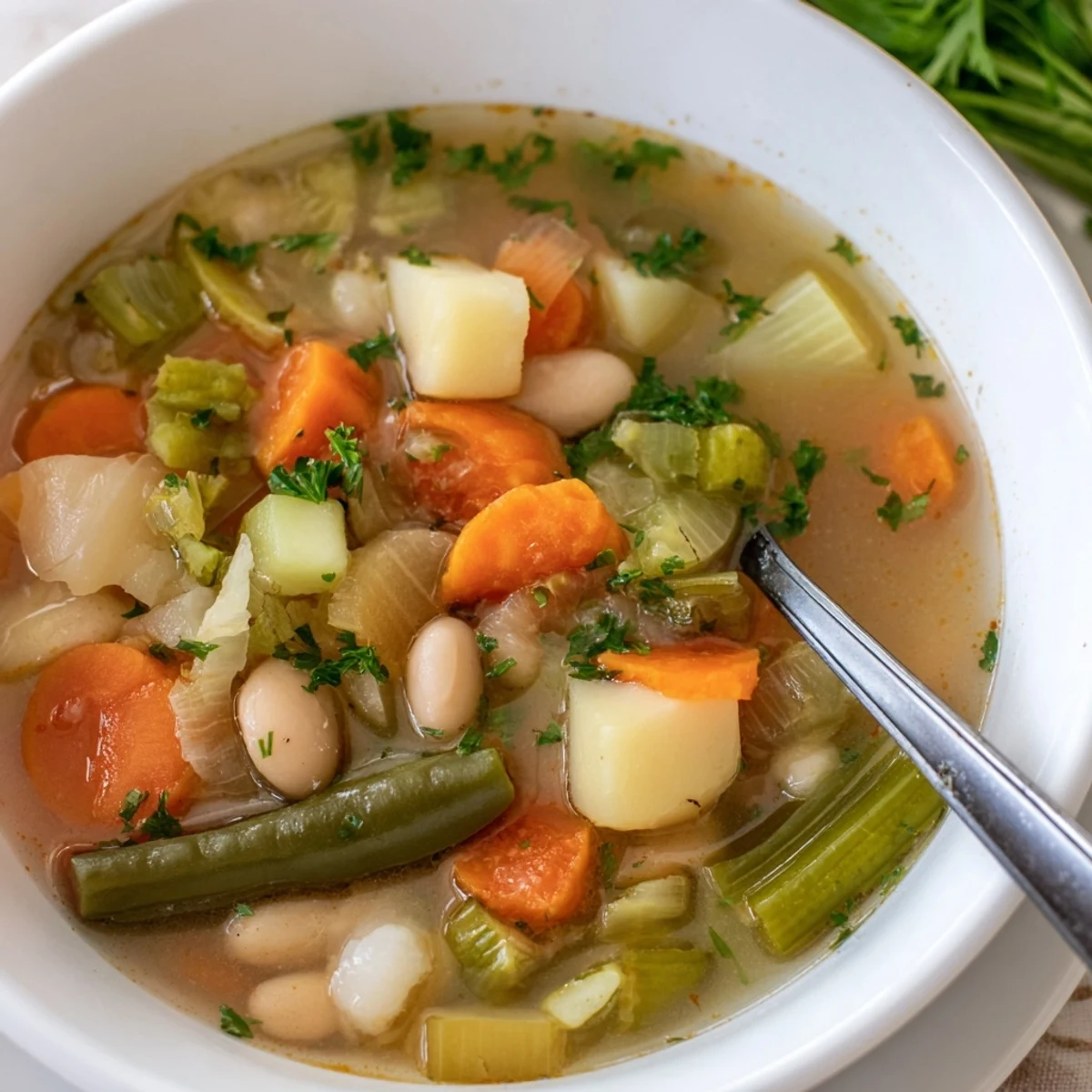 Hearty Stone Soup featuring colorful diced vegetables and white beans in a rich vegetable broth bowl