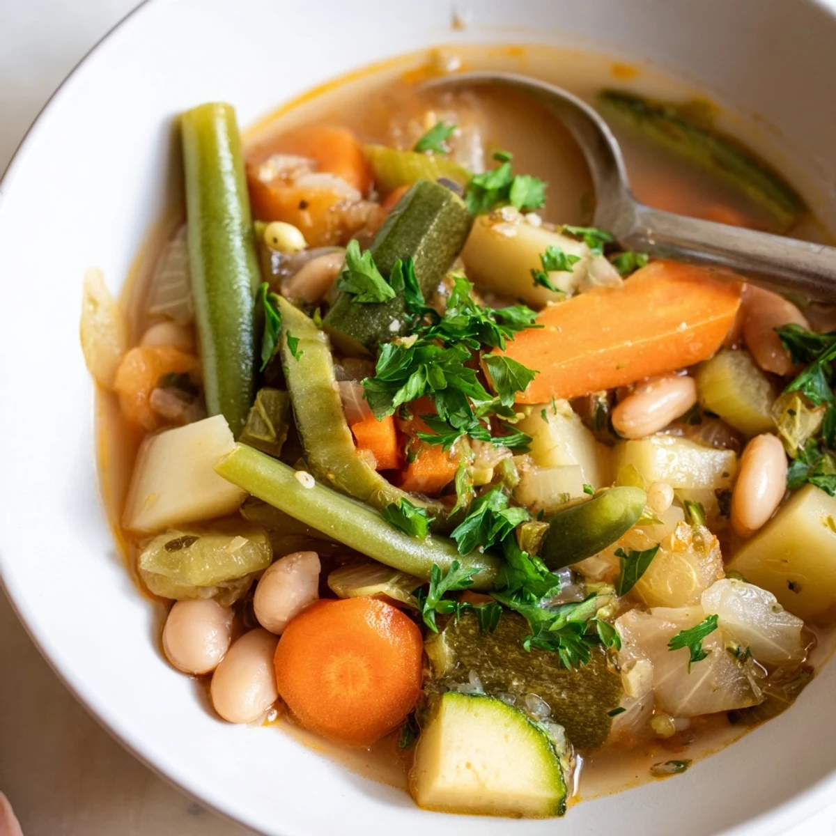 Vegetable-packed Stone Soup simmering with carrots, celery, potatoes, and pearl barley in dark pot