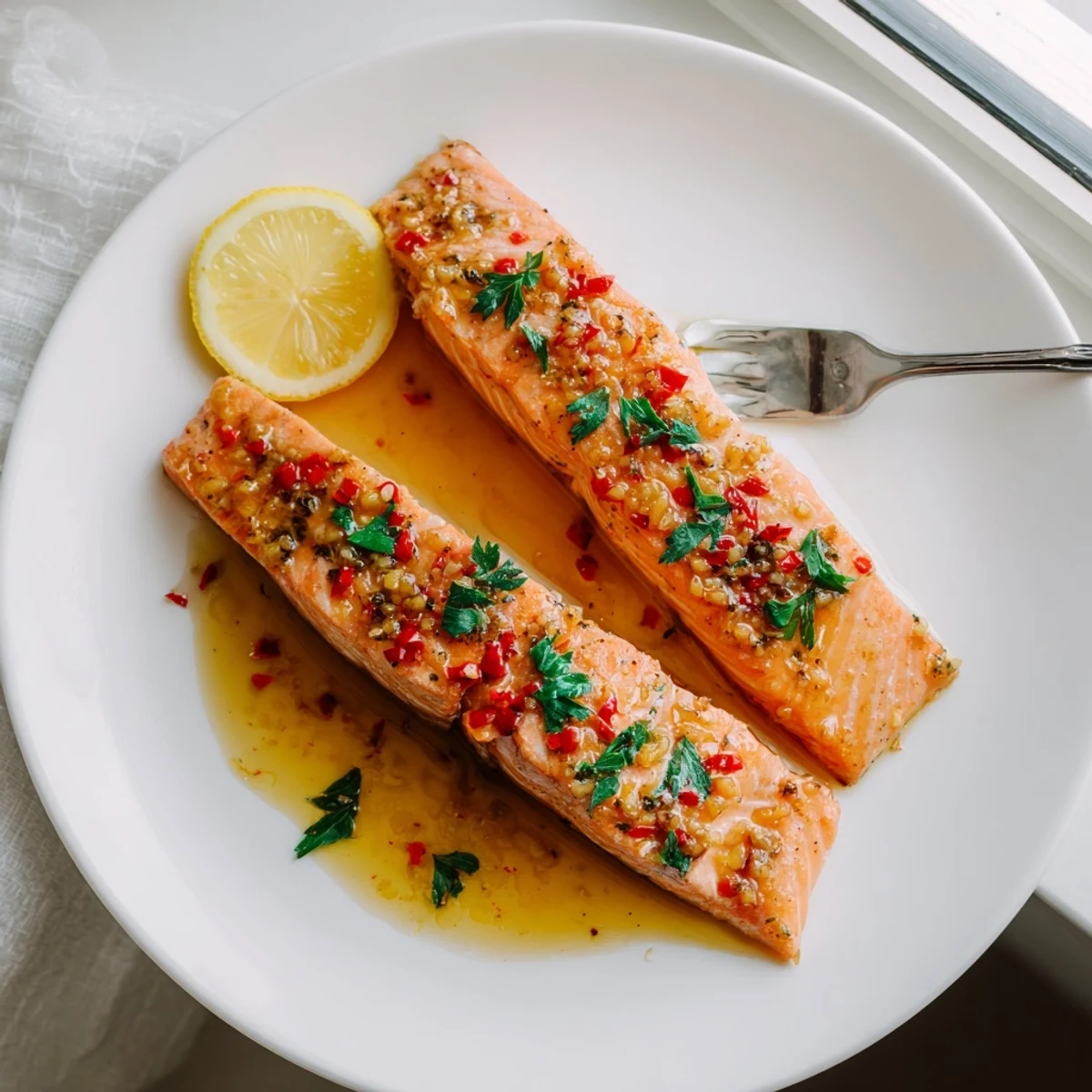 Pan-seared honey garlic glazed salmon with glossy sticky coating and fresh parsley garnish
