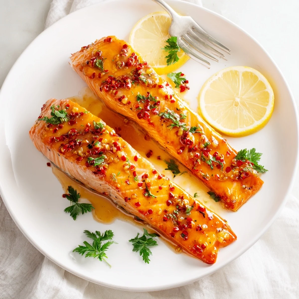 Golden brown honey garlic glazed salmon fillets drizzled with thick sweet savory sauce