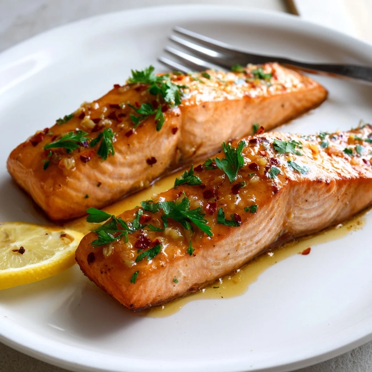 Crispy honey garlic glazed salmon served with lemon wedges and chopped parsley sprinkle