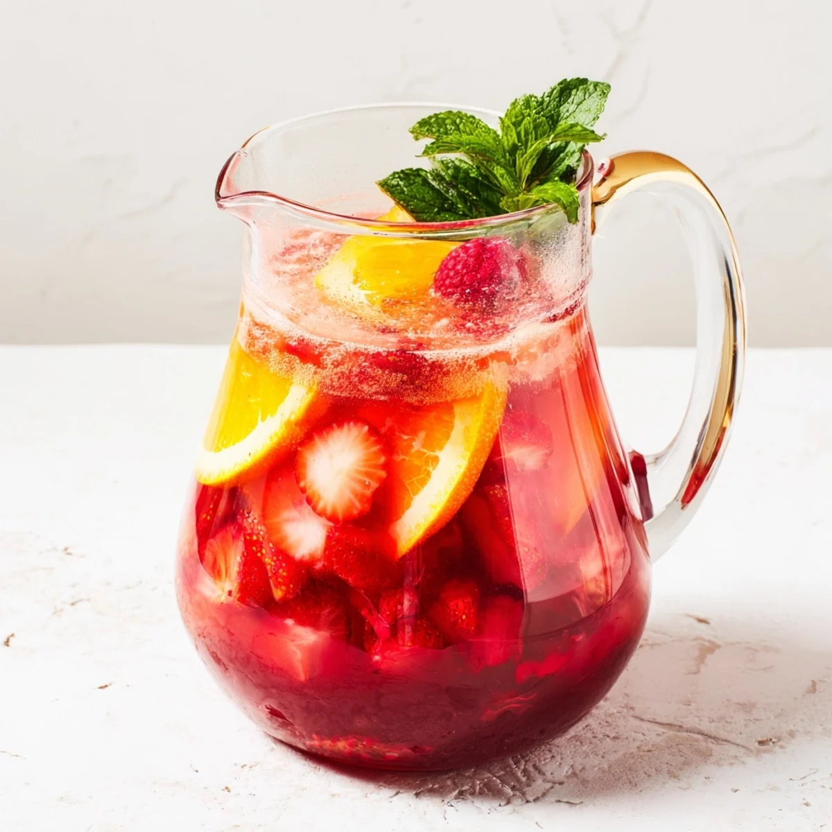 Garnished glass of refreshing Love Potion Punch with fresh strawberries, raspberries, and mint leaves