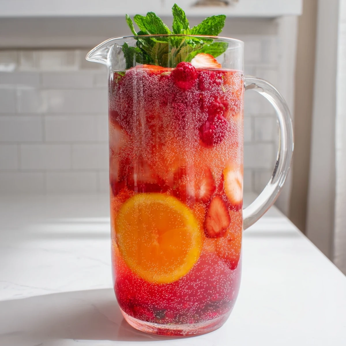 Vibrant red Love Potion Punch pitcher filled with floating citrus slices and mixed berries