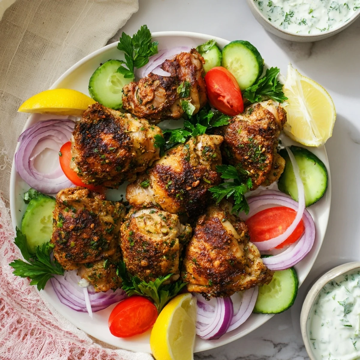 Golden roasted Lebanese chicken thighs with aromatic spices and creamy herby yogurt sauce garnished with fresh vegetables