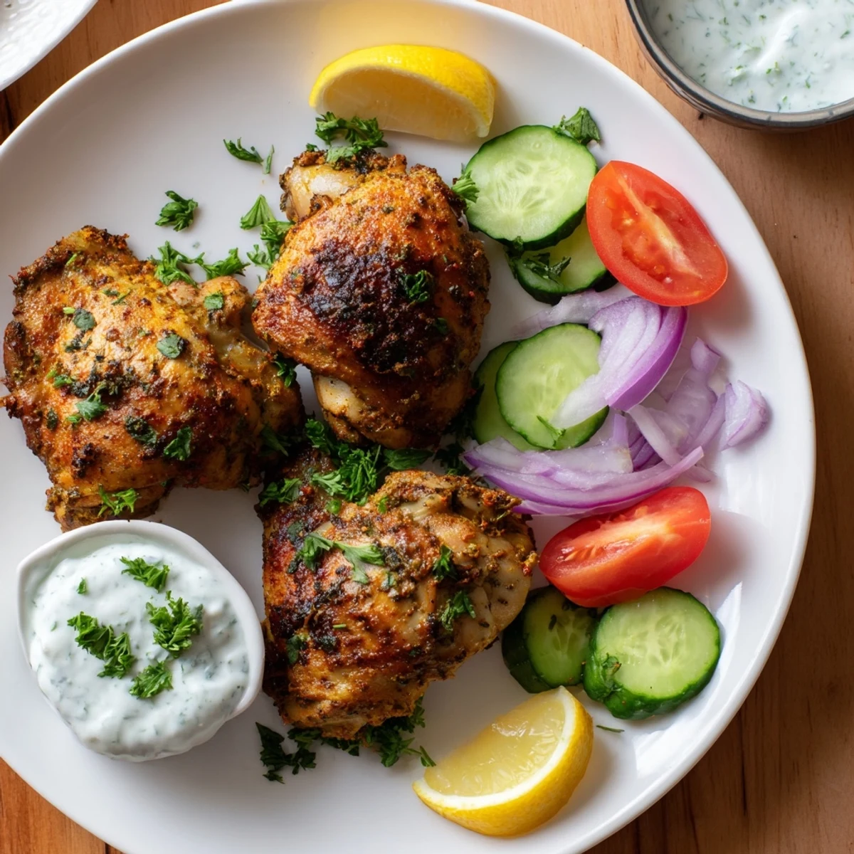 Tender spiced Lebanese chicken served on a platter with mint yogurt dip and colorful fresh vegetables