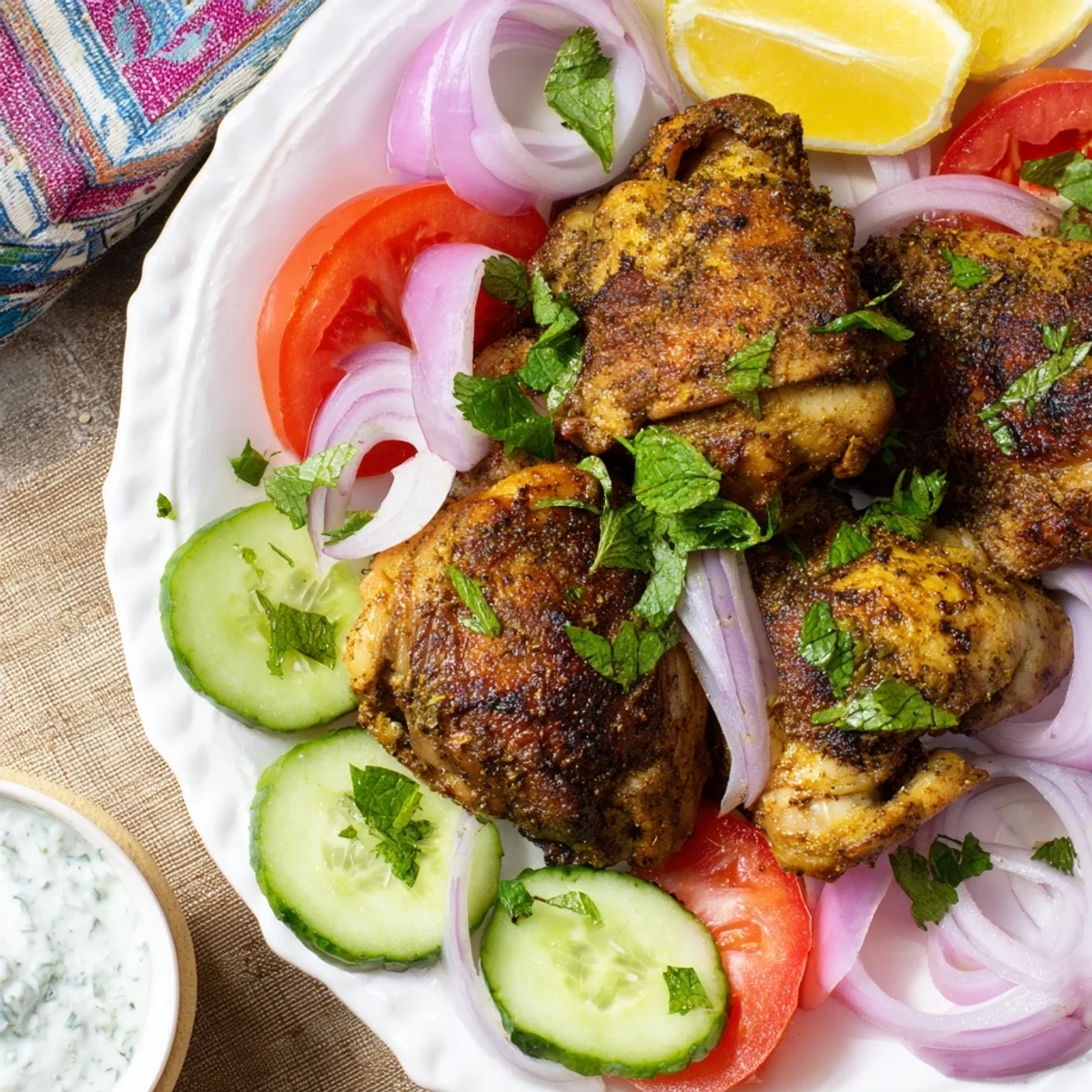 Lebanese chicken marinated in Middle Eastern spices topped with garlic yogurt sauce and crisp vegetable accompaniments