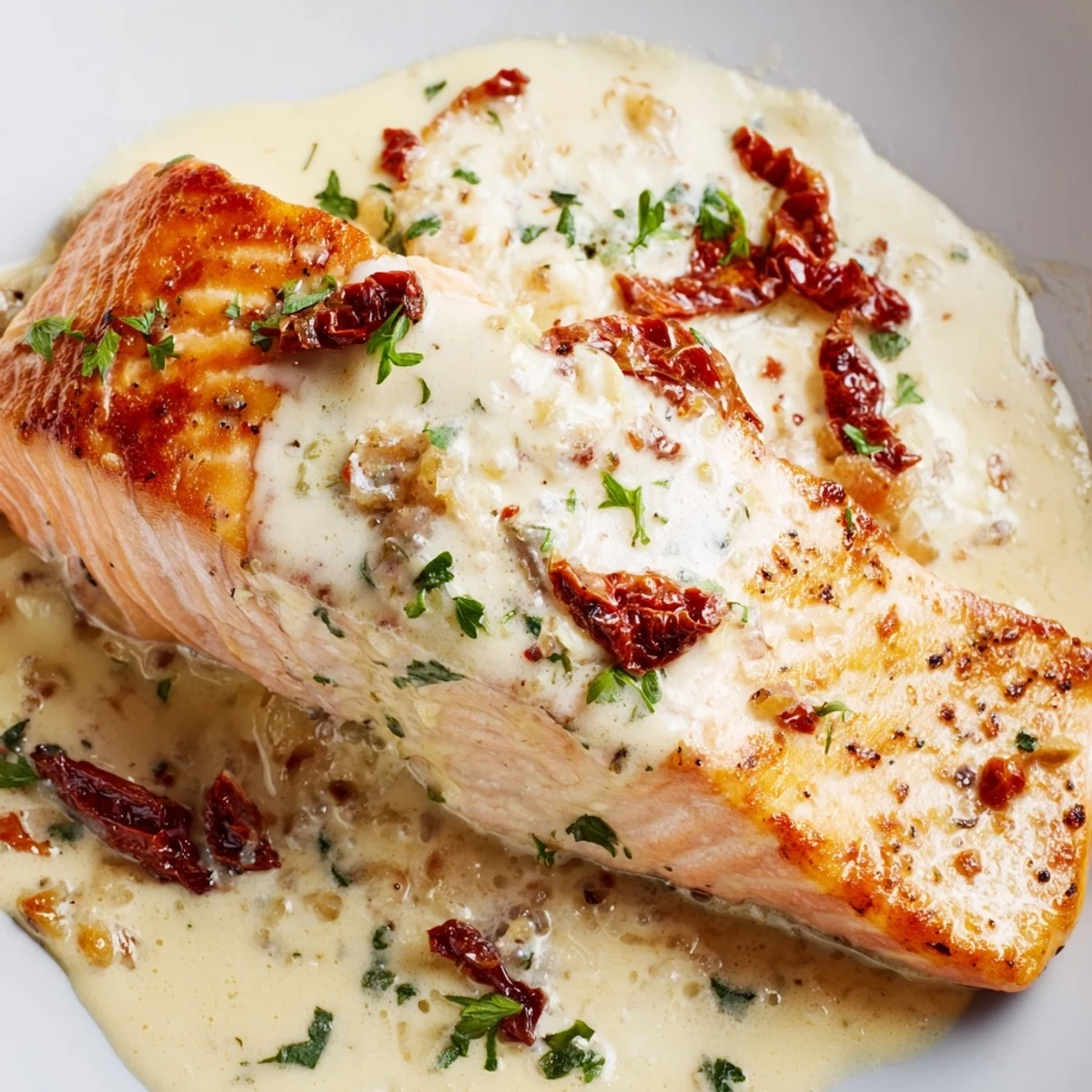 Golden pan-seared salmon fillets swimming in a rich Parmesan cream sauce with sun-dried tomatoes and fresh herbs