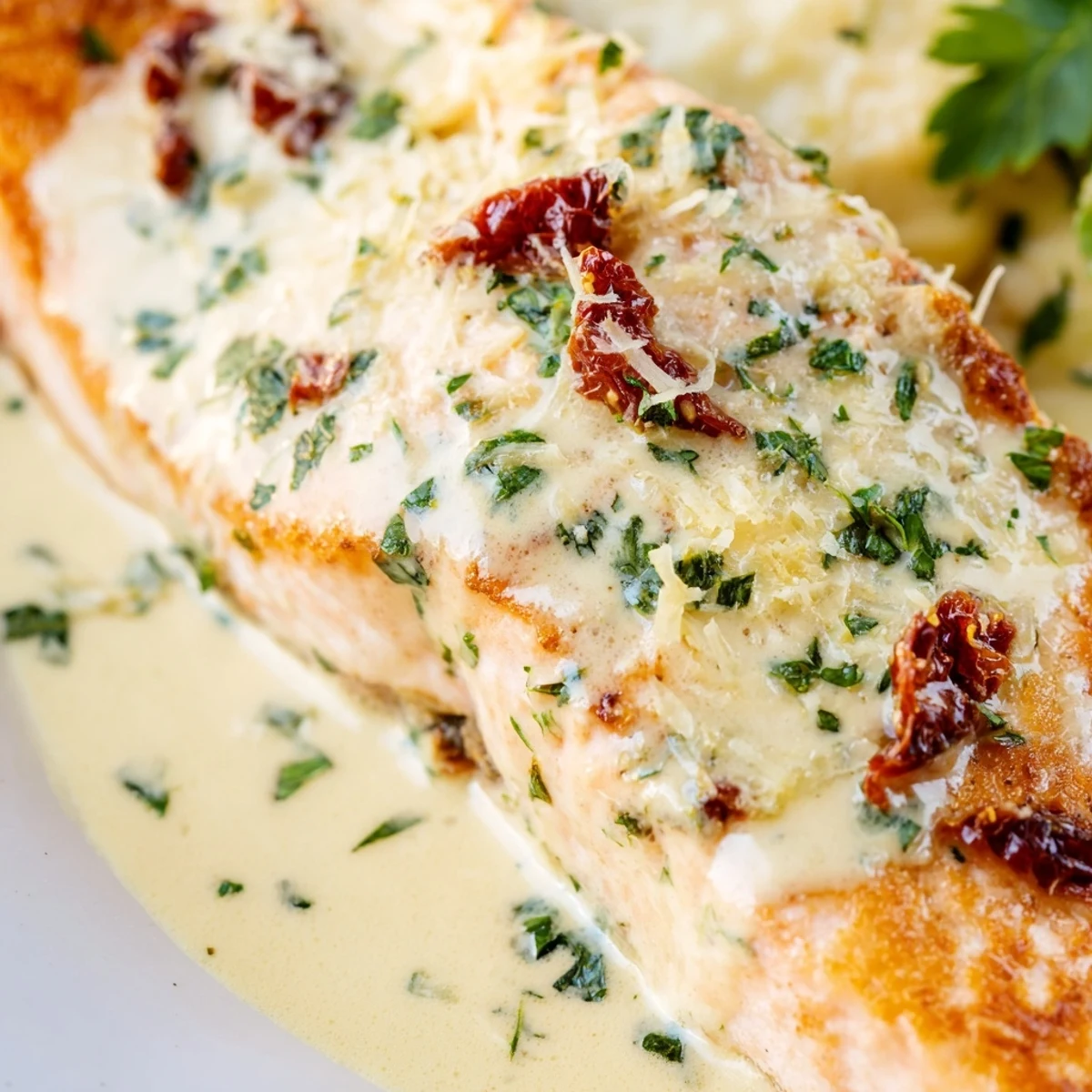 Creamy Marry Me Salmon topped with garlic sauce and basil, served over a white platter for dinner