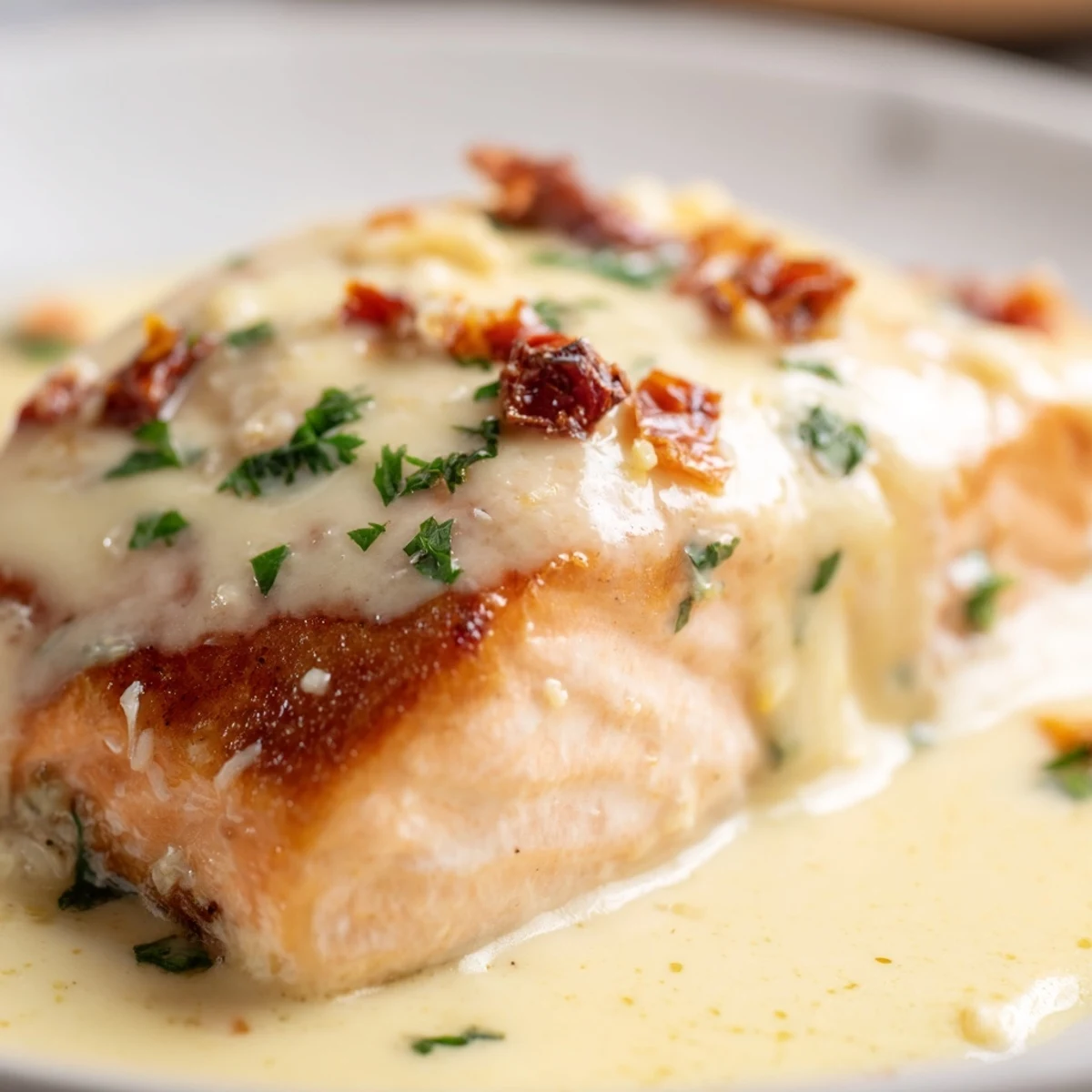 Perfectly cooked salmon pieces in a velvety white sauce with chopped sun-dried tomatoes and sprinkled green parsley