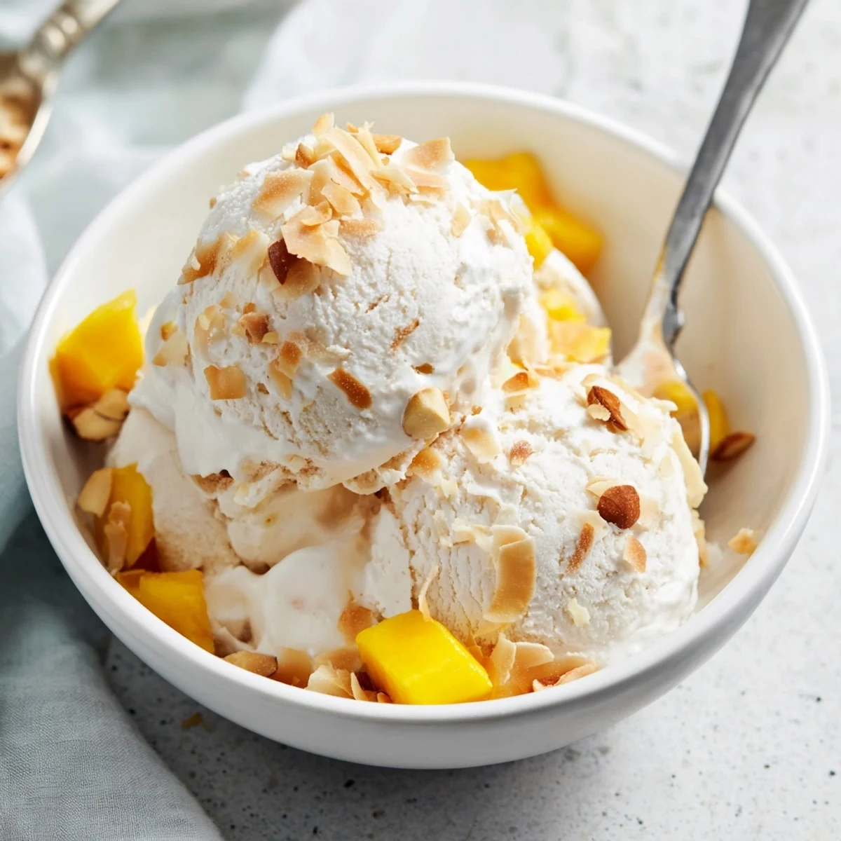 Creamy dairy-free Thai coconut milk ice cream scooped into a bowl with toasted coconut flakes