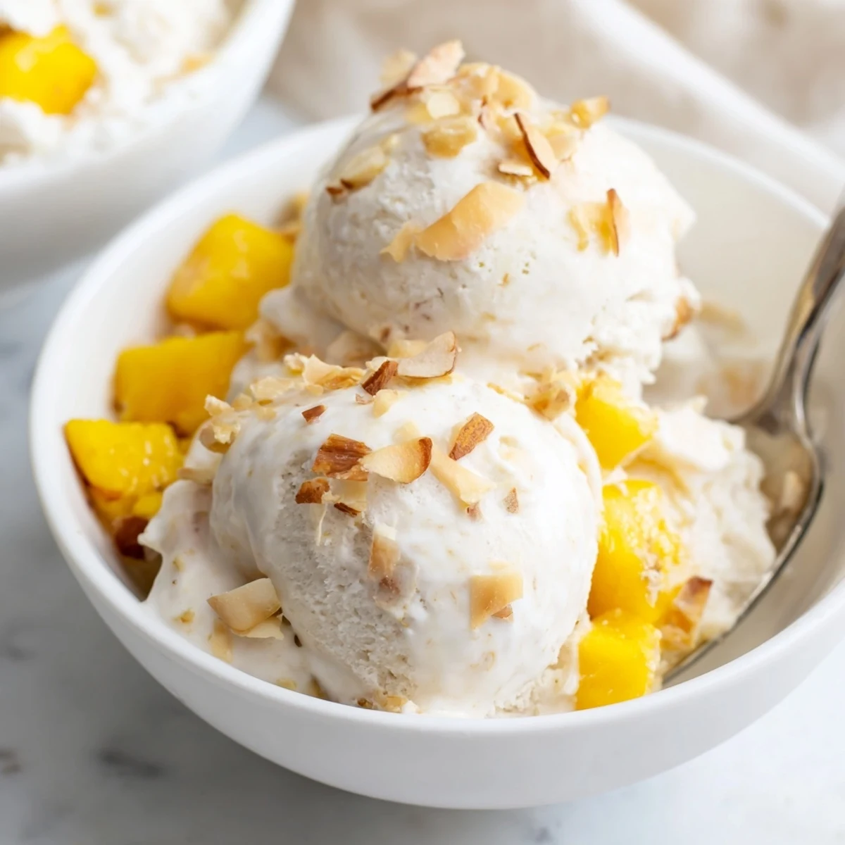 Rich vegan Thai coconut milk ice cream garnished with fresh mango chunks and crushed peanuts