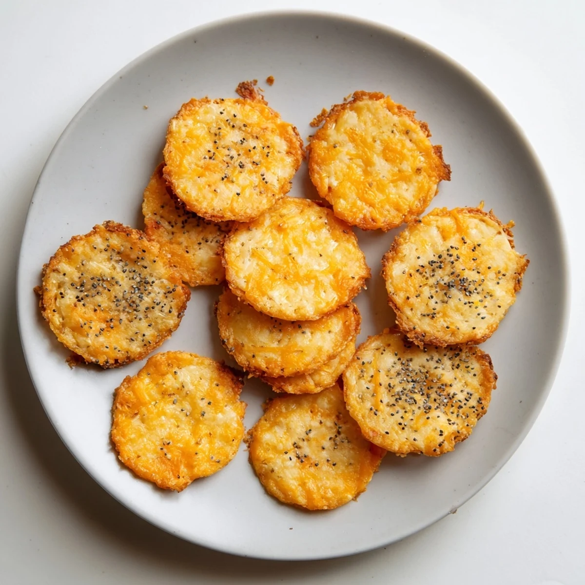 Golden brown Cheddar cheese coins arranged on a white serving platter, ready for serving