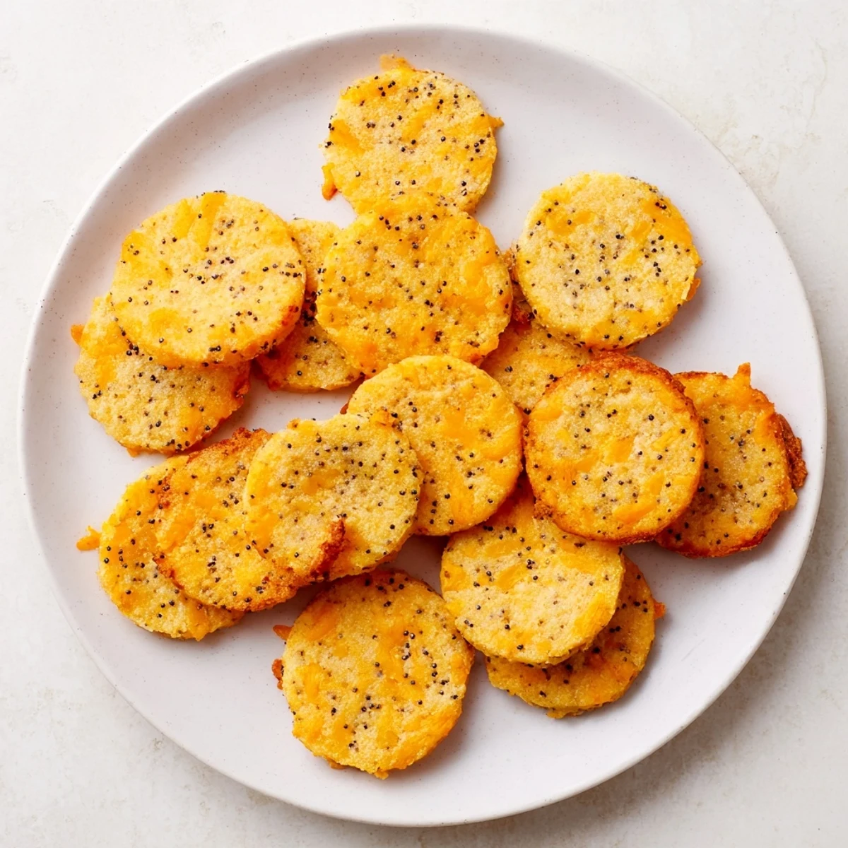 Buttery sharp Cheddar cheese coins cooling on a wire rack after baking to perfection