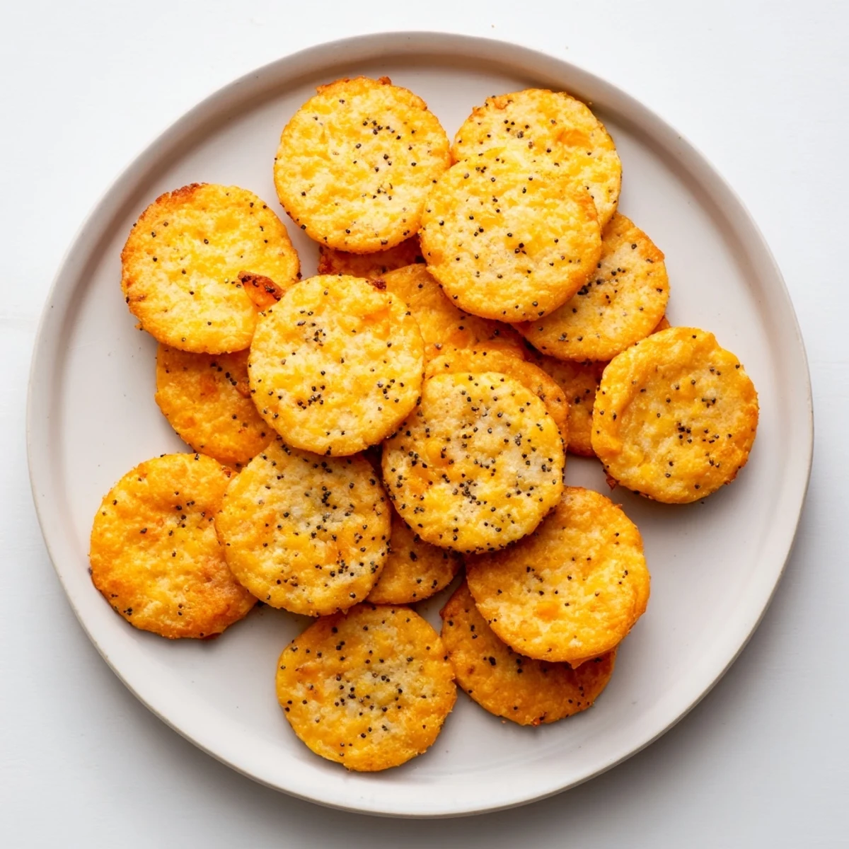 Crispy homemade Cheddar cheese coins baked until golden with optional sesame seed topping