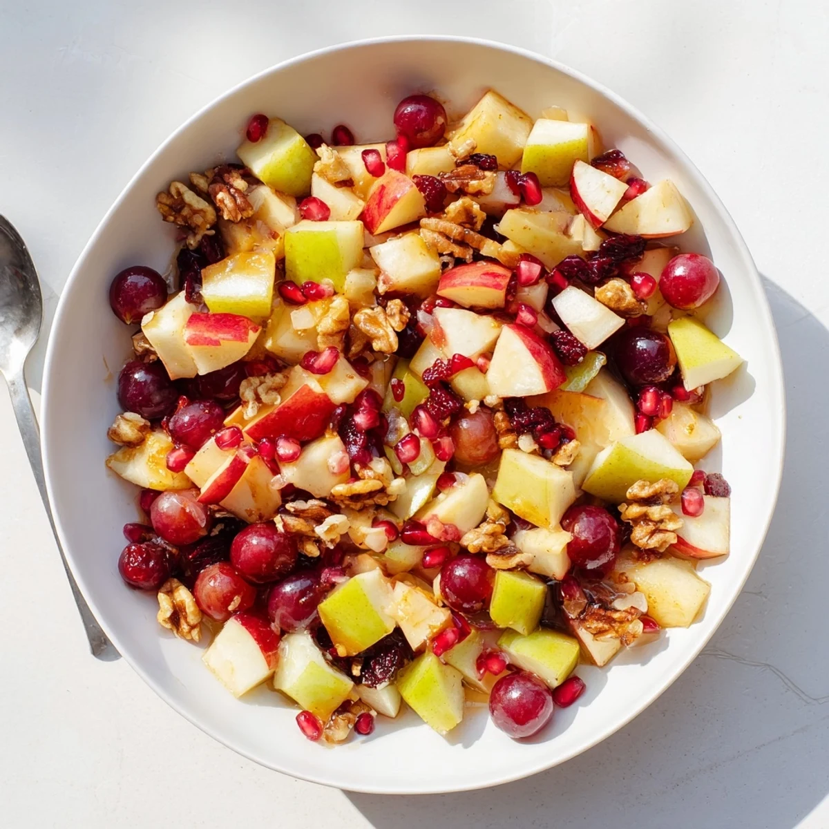 Rustic wooden table displaying vibrant autumn fruit salad tossed with walnuts, dried cranberries, and cinnamon-orange glaze