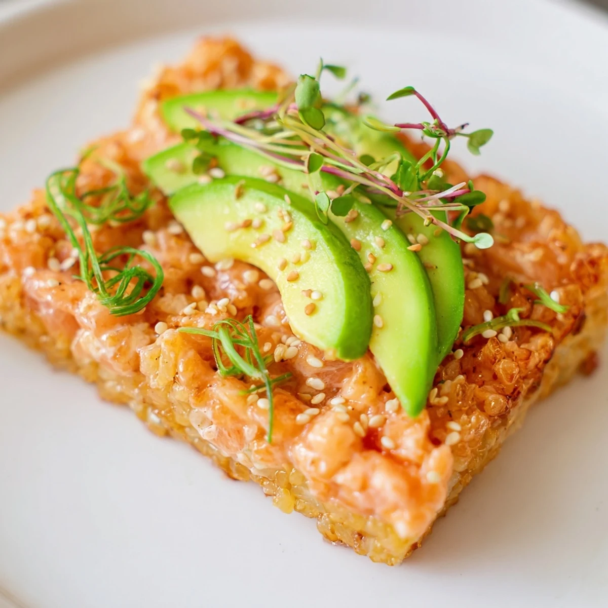 Japanese-inspired appetizer featuring fried sushi rice squares topped with spicy salmon mixture