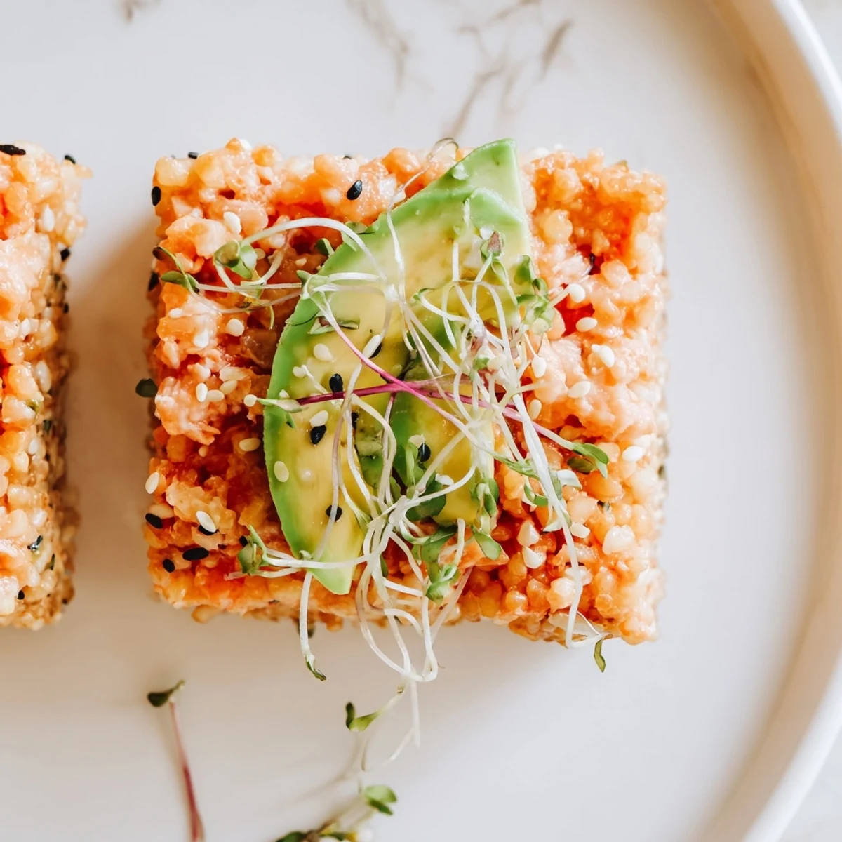 Salmon crispy rice bites garnished with sesame seeds and creamy green avocado