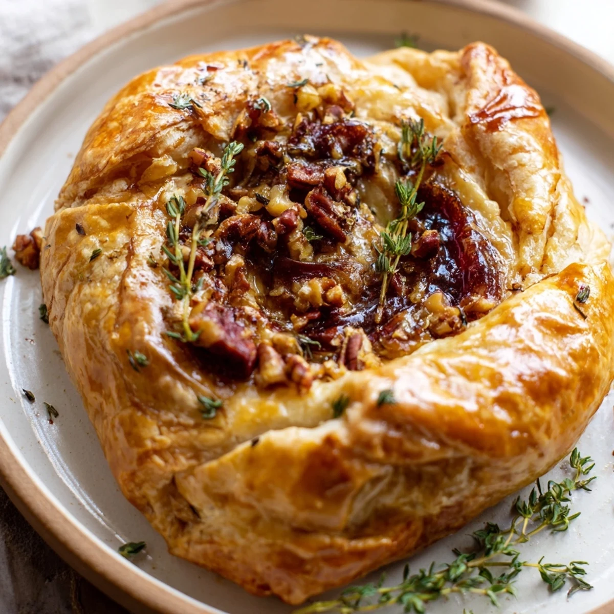 Golden baked brie wrapped in puff pastry with fig jam and garnished with fresh thyme