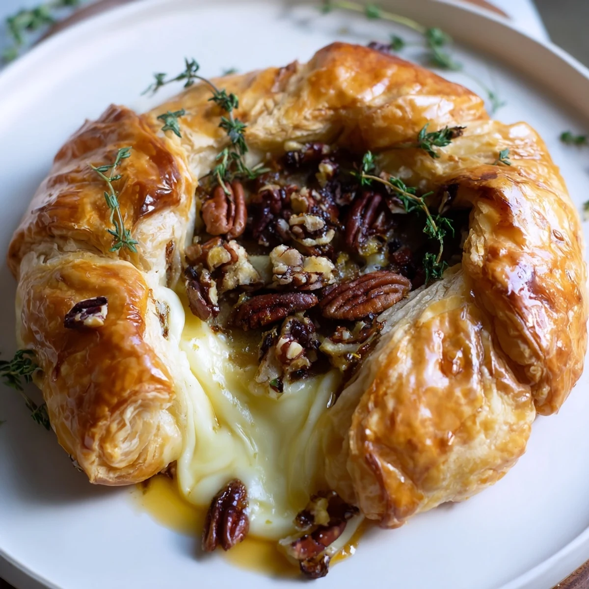 Warm wheel of brie melting inside flaky pastry topped with sweet fig jam