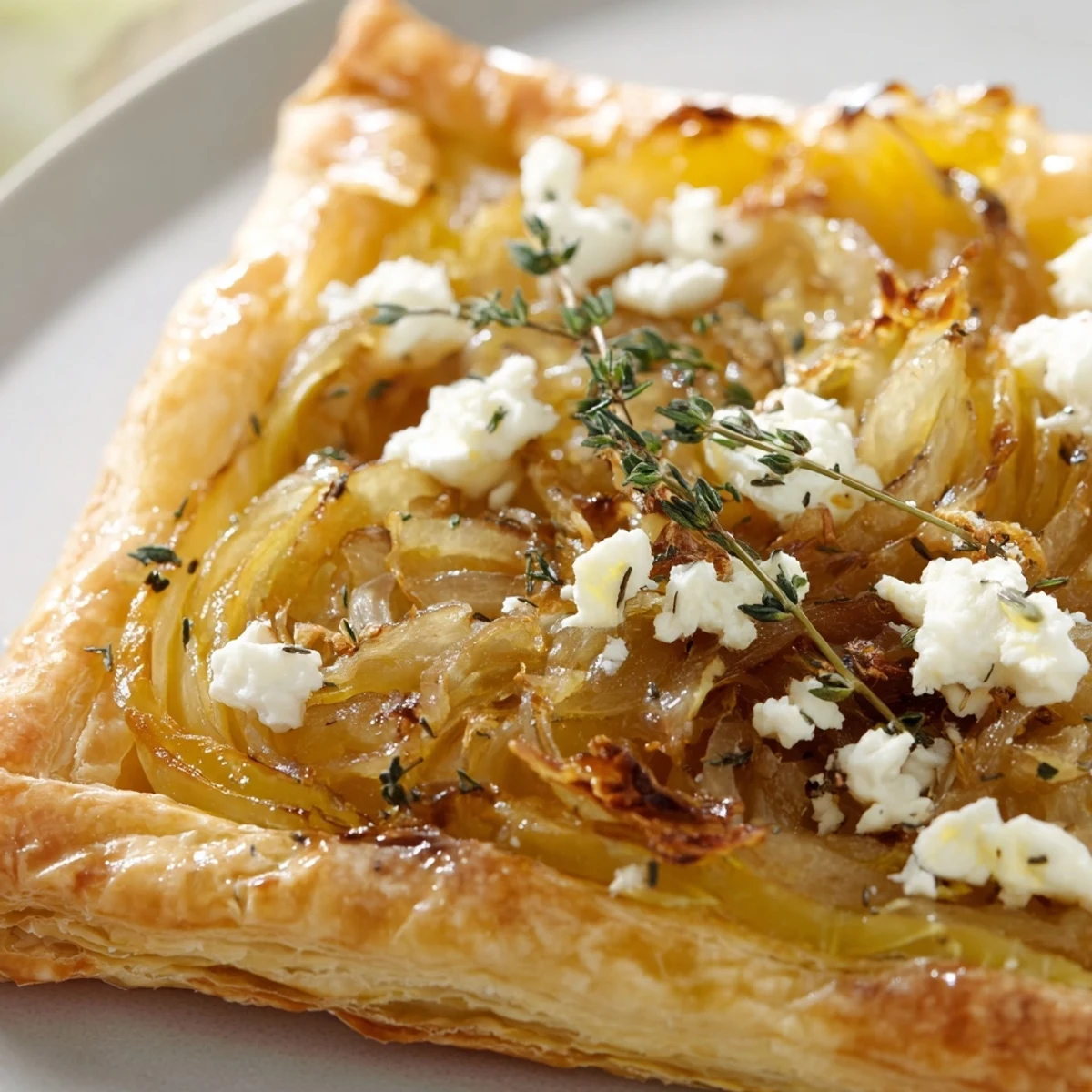 Golden puff pastry tarts topped with sweet caramelized onions and tangy goat cheese, fresh from the oven