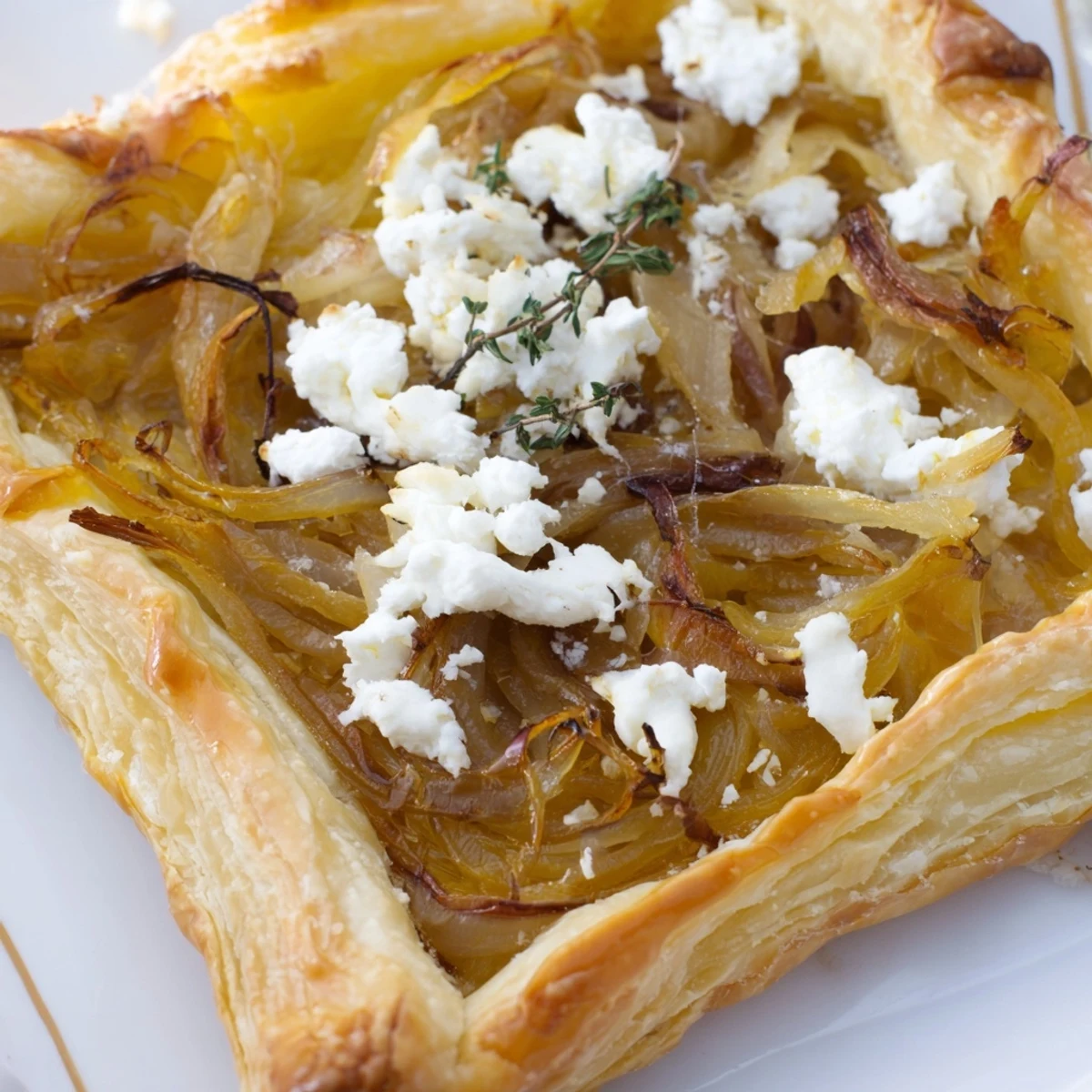 Flaky caramelized onion and goat cheese tarts garnished with chives on a rustic wooden serving board