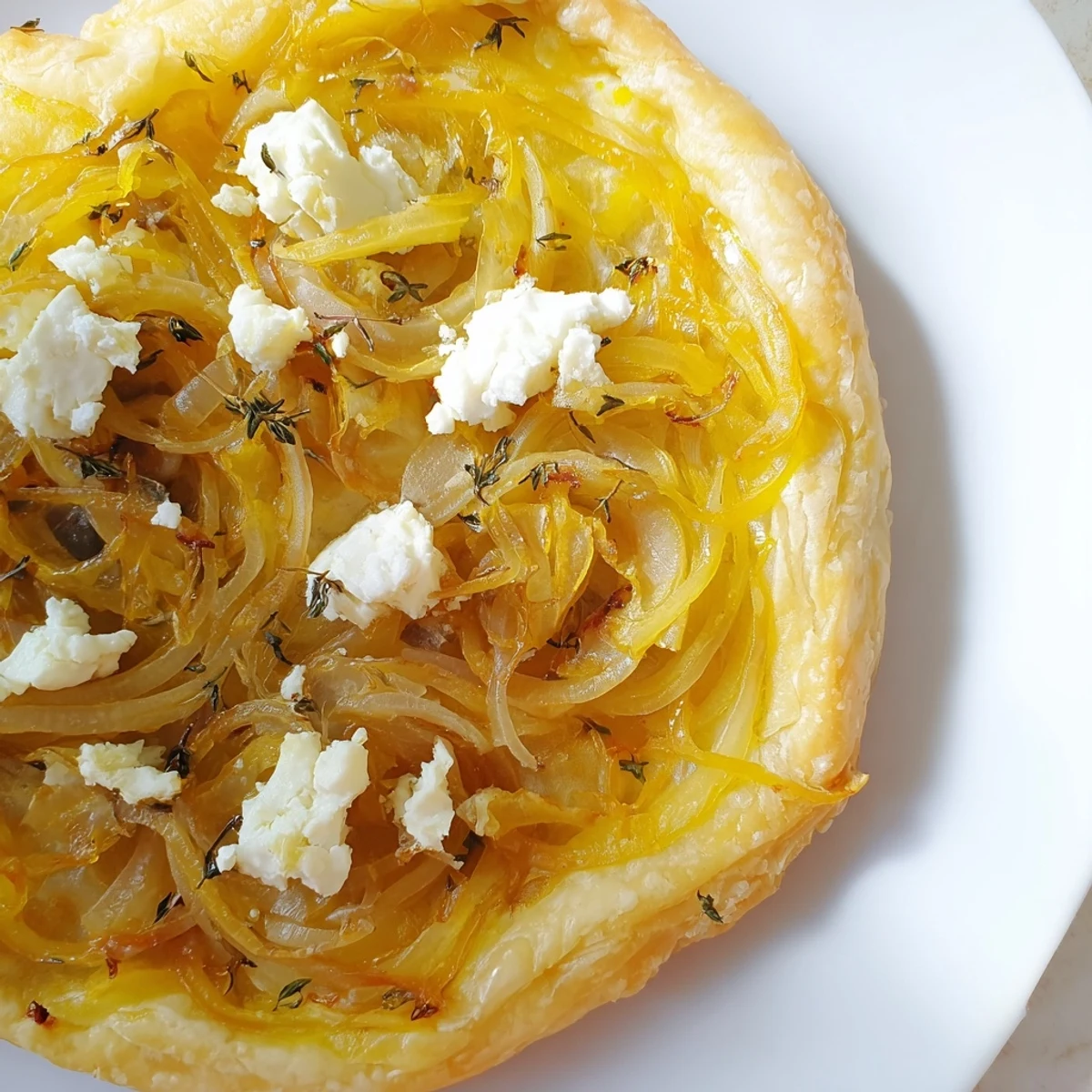 Close up of baked puff pastry tarts loaded with melted goat cheese and golden brown caramelized onions