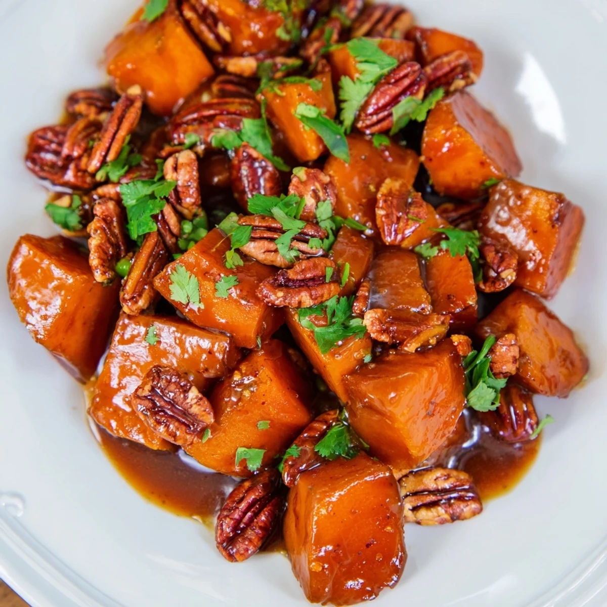 Tender glazed sweet potatoes simmered in aromatic broth with crunchy piri piri pecan garnish