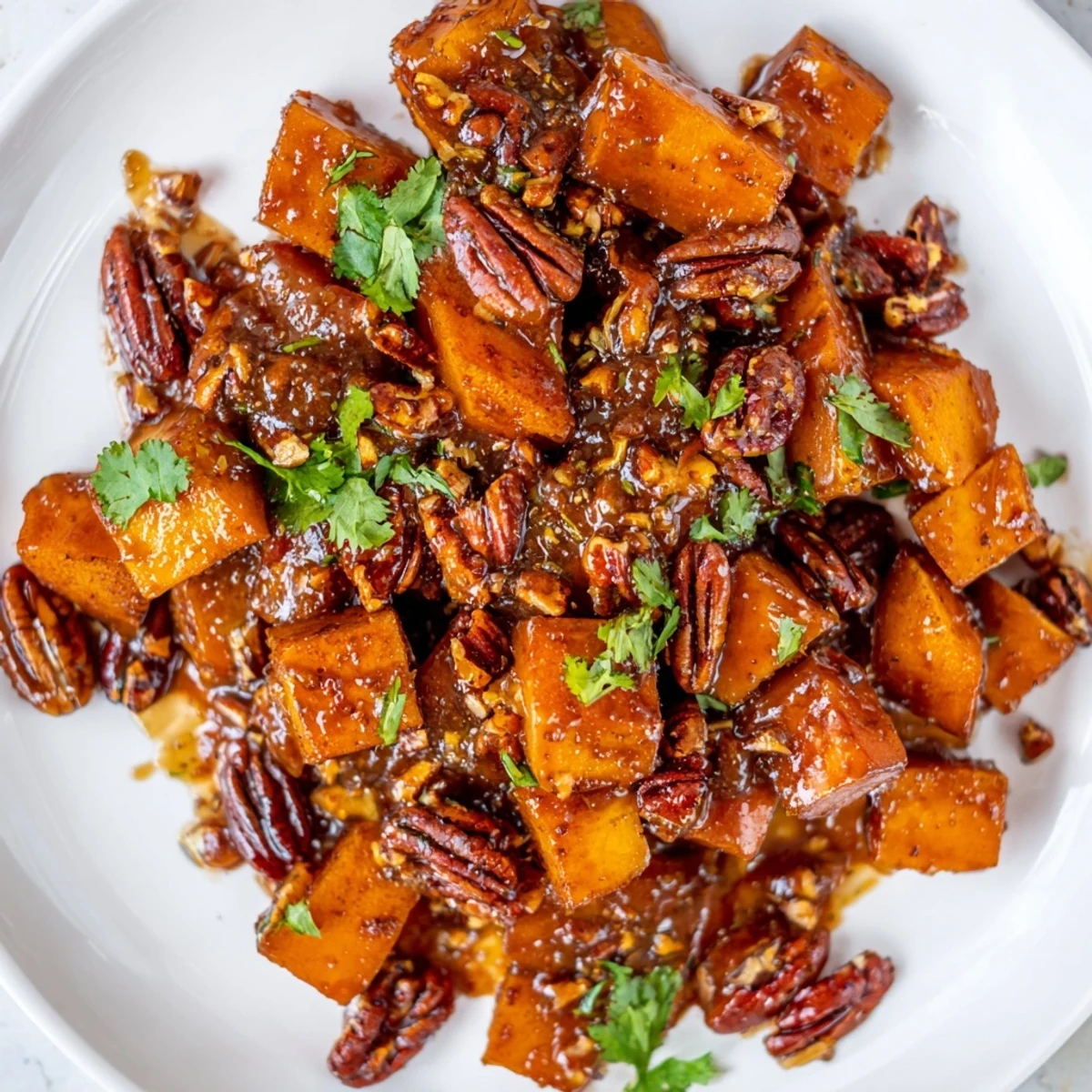 Silky braised sweet potatoes finished with zesty piri piri pecans for a warming vegetarian side