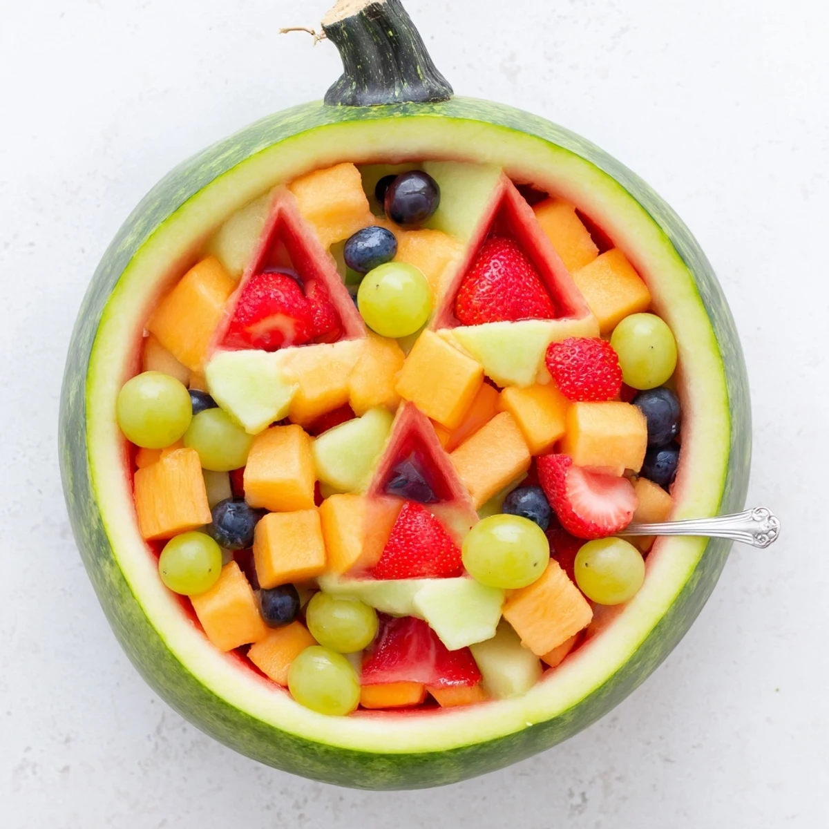 Colorful Watermelon Jack O Lantern fruit salad overflows with fresh melon balls, berries, and pineapple chunks