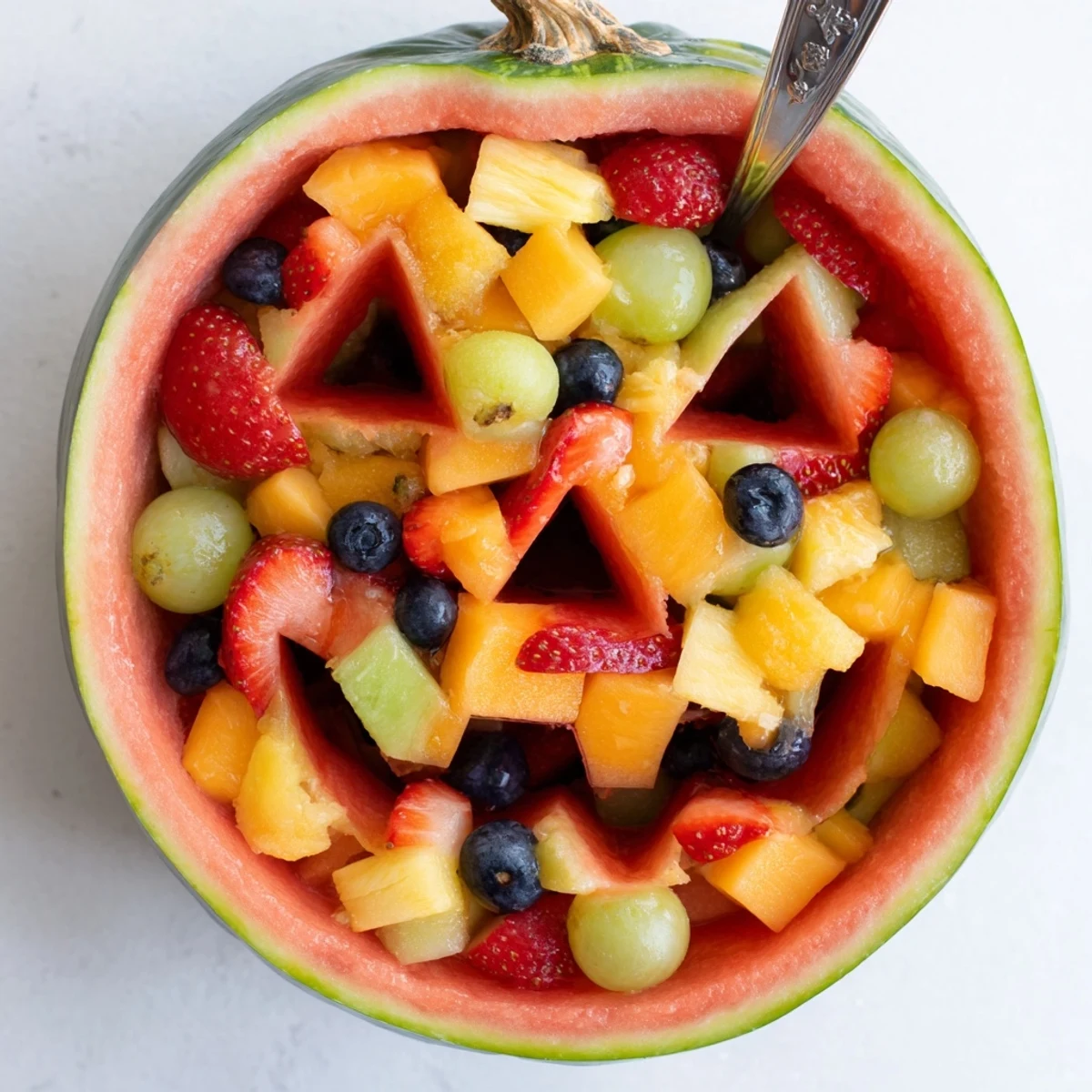Carved watermelon Jack O Lantern bowl filled with vibrant mixed fruit salad featuring honeydew, strawberries, and blueberries