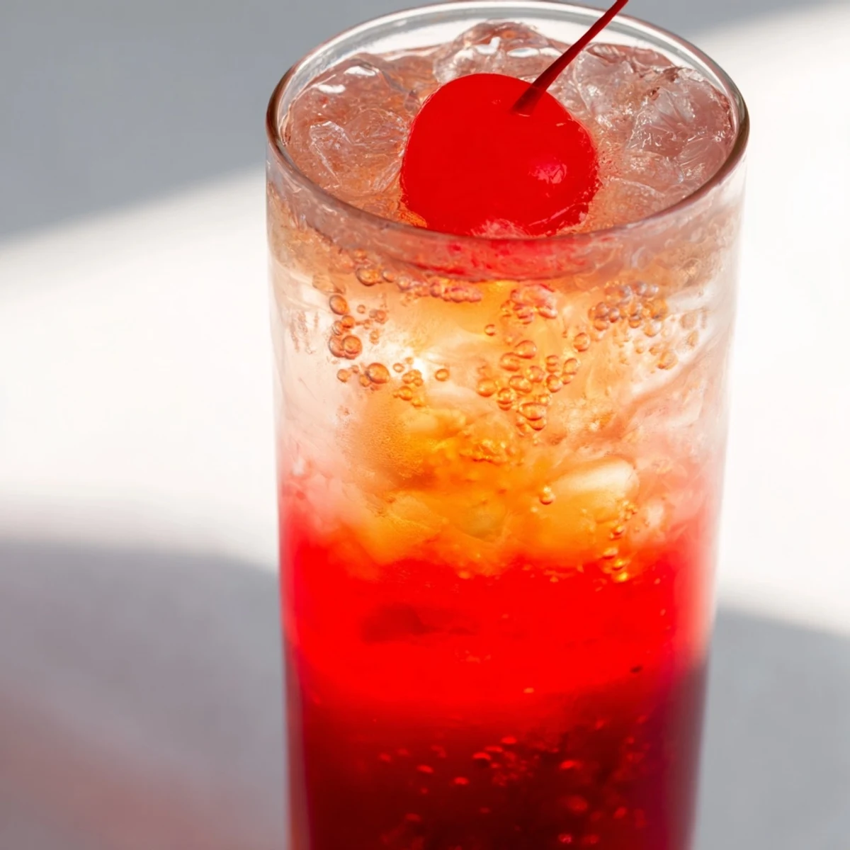 Refreshing Easy Shirley Temple Drink in a clear glass showing layered red syrup and fizzy soda