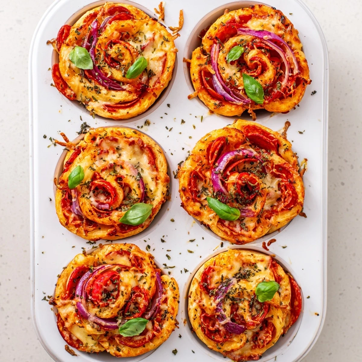 Freshly baked easy pizza roses garnished with basil leaves on a serving platter